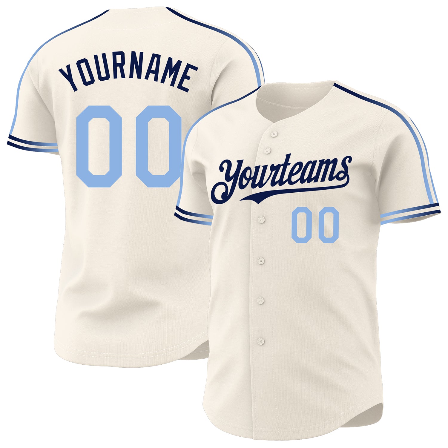 Custom Cream Light Blue-Navy Raglan Line Gradient Stripe Authentic Baseball Jersey