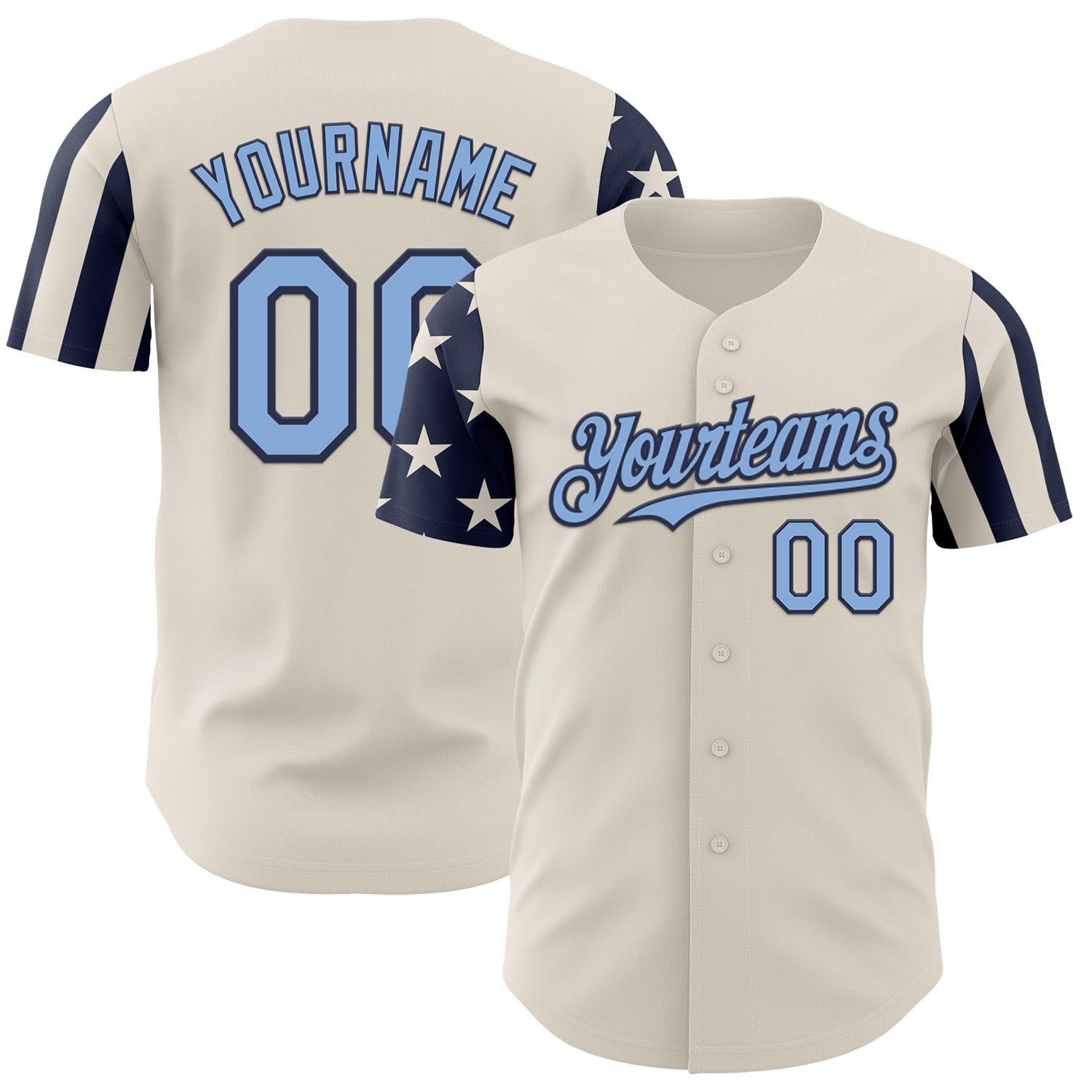Custom Cream Light Blue-Navy Two Tone USA Flag Sleeves Stars and Stripes Authentic Baseball Jersey