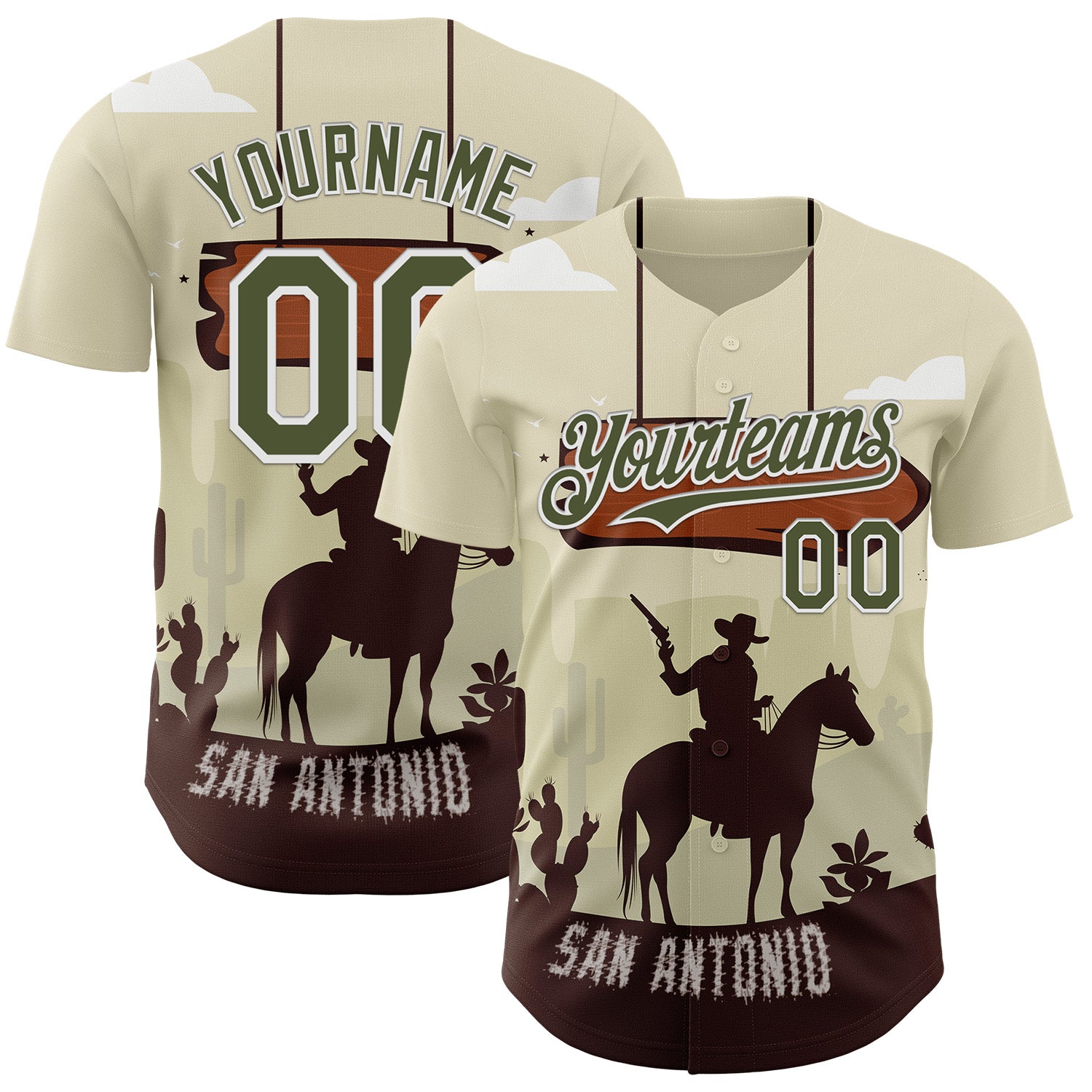 Custom Cream Olive-White San Antonio Texas Western Cowboy City Symbol Authentic Baseball Jersey