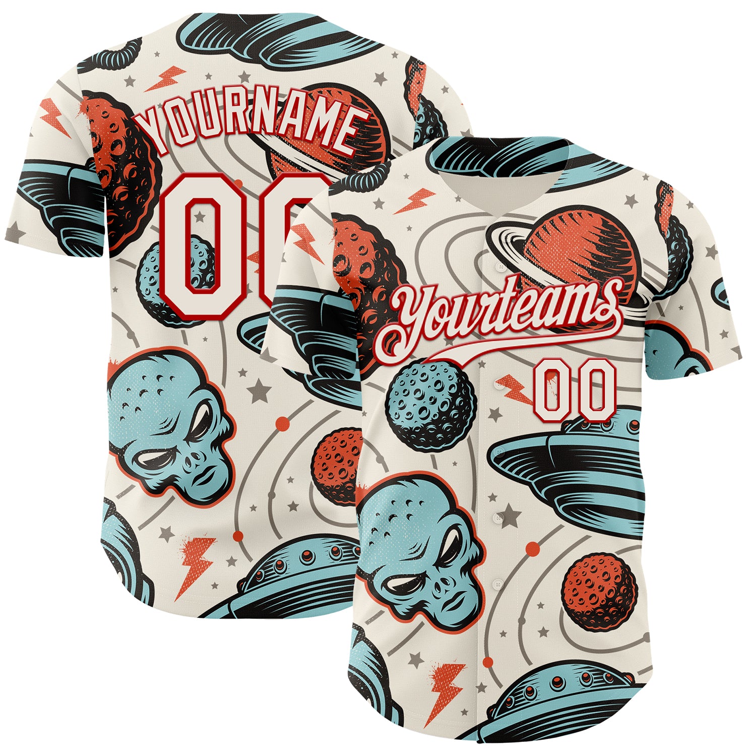 Custom Cream Red 3D Pattern Design Alien UFO Space Authentic Baseball Jersey