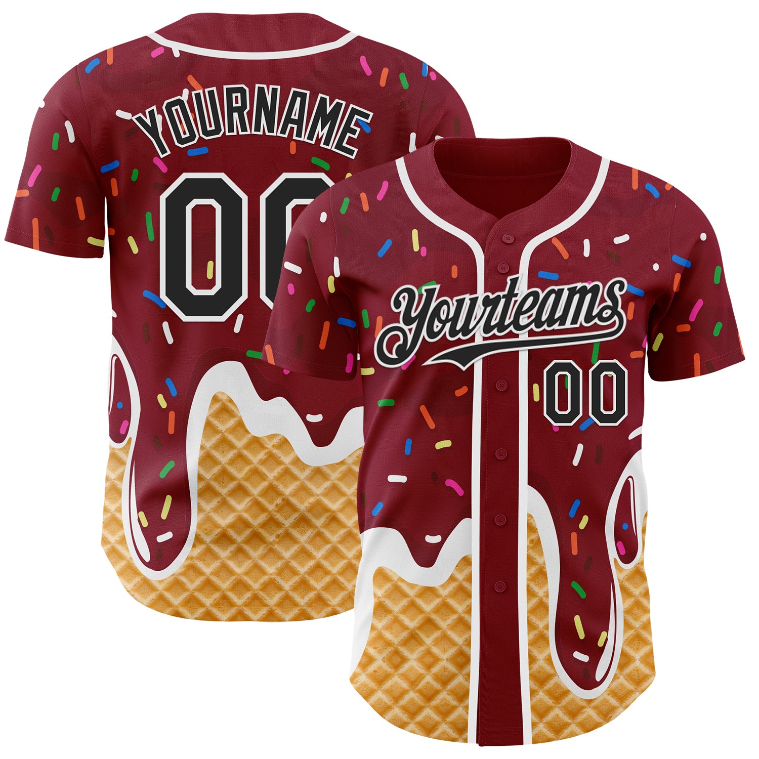 Custom Crimson Black-White Ice Cream Waffle Foodie Dessert Authentic Baseball Jersey