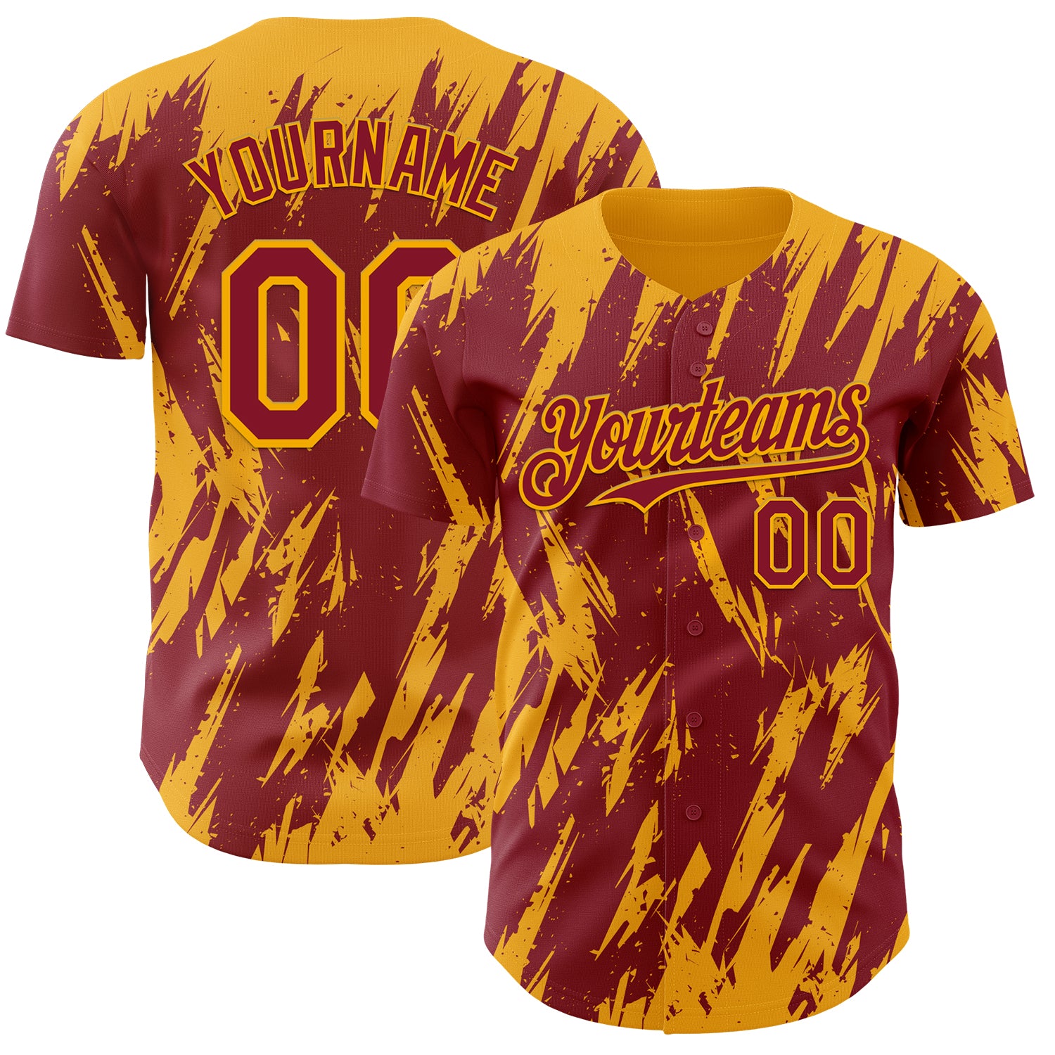 Custom Crimson Gold 3D Pattern Design Splatter Torn Sharp Brush Stroke Authentic Baseball Jersey