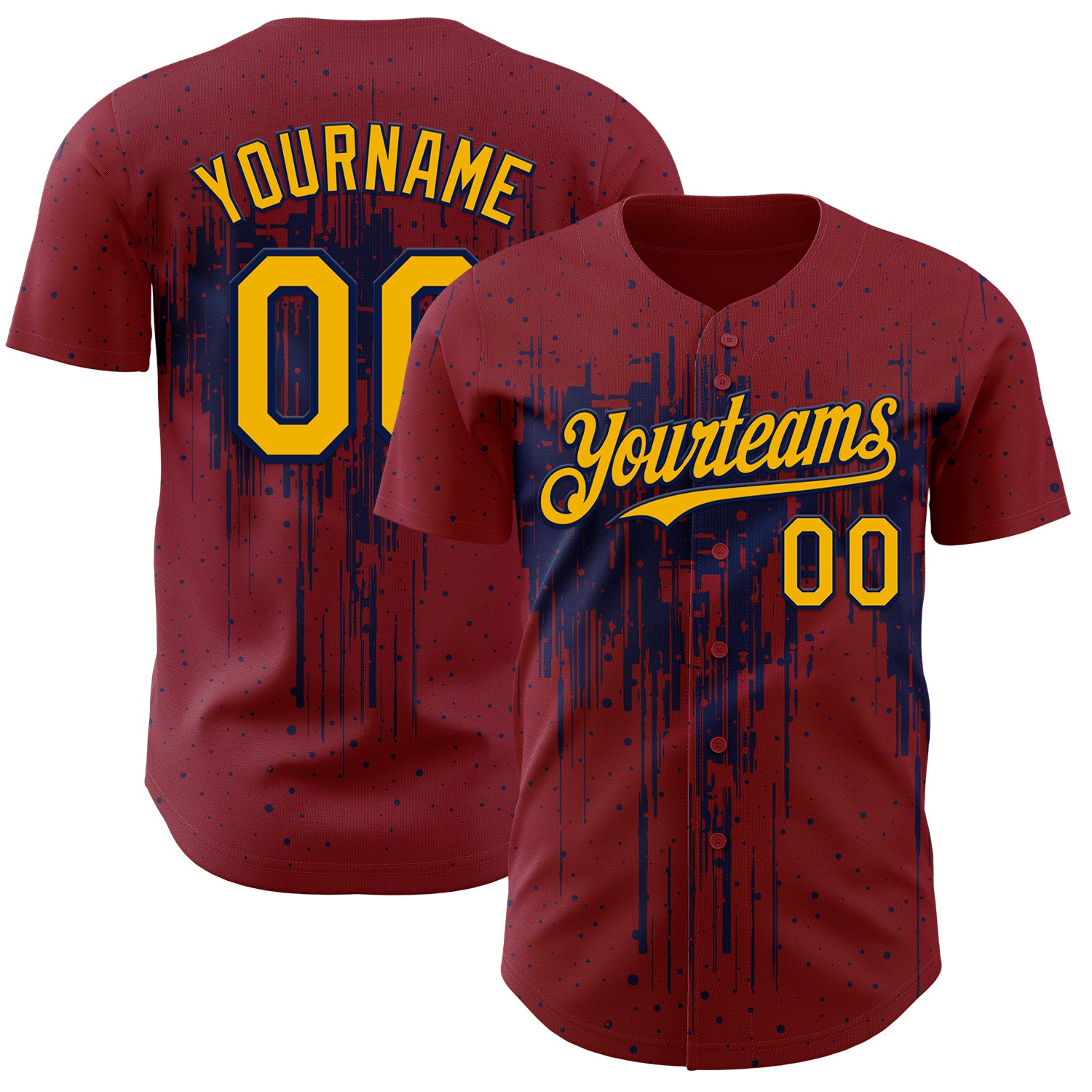 Custom Crimson Gold-Navy 3D Pattern Design Dripping Splatter Paint Authentic Baseball Jersey