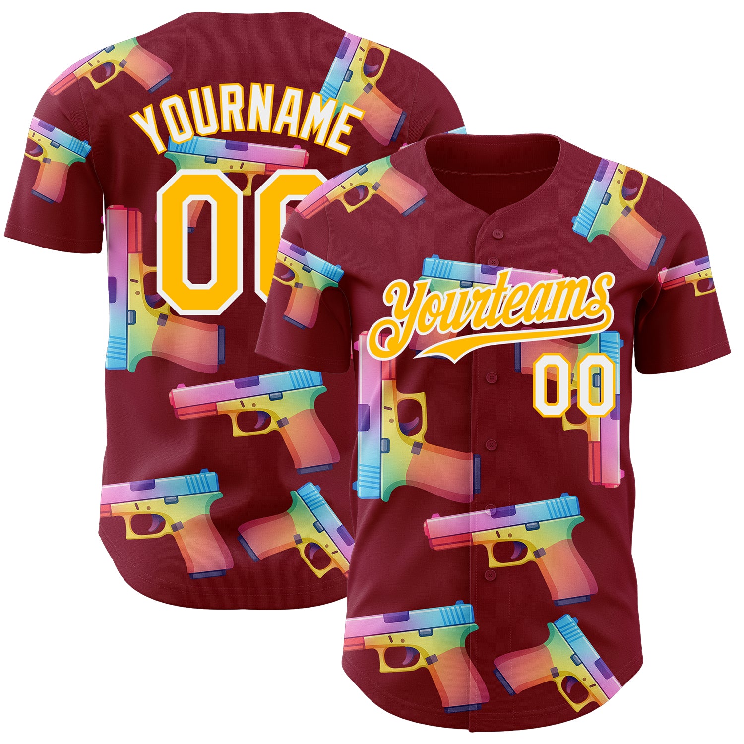 Custom Crimson Gold-White Colorful Firepower 3D Pattern Design Authentic Baseball Jersey