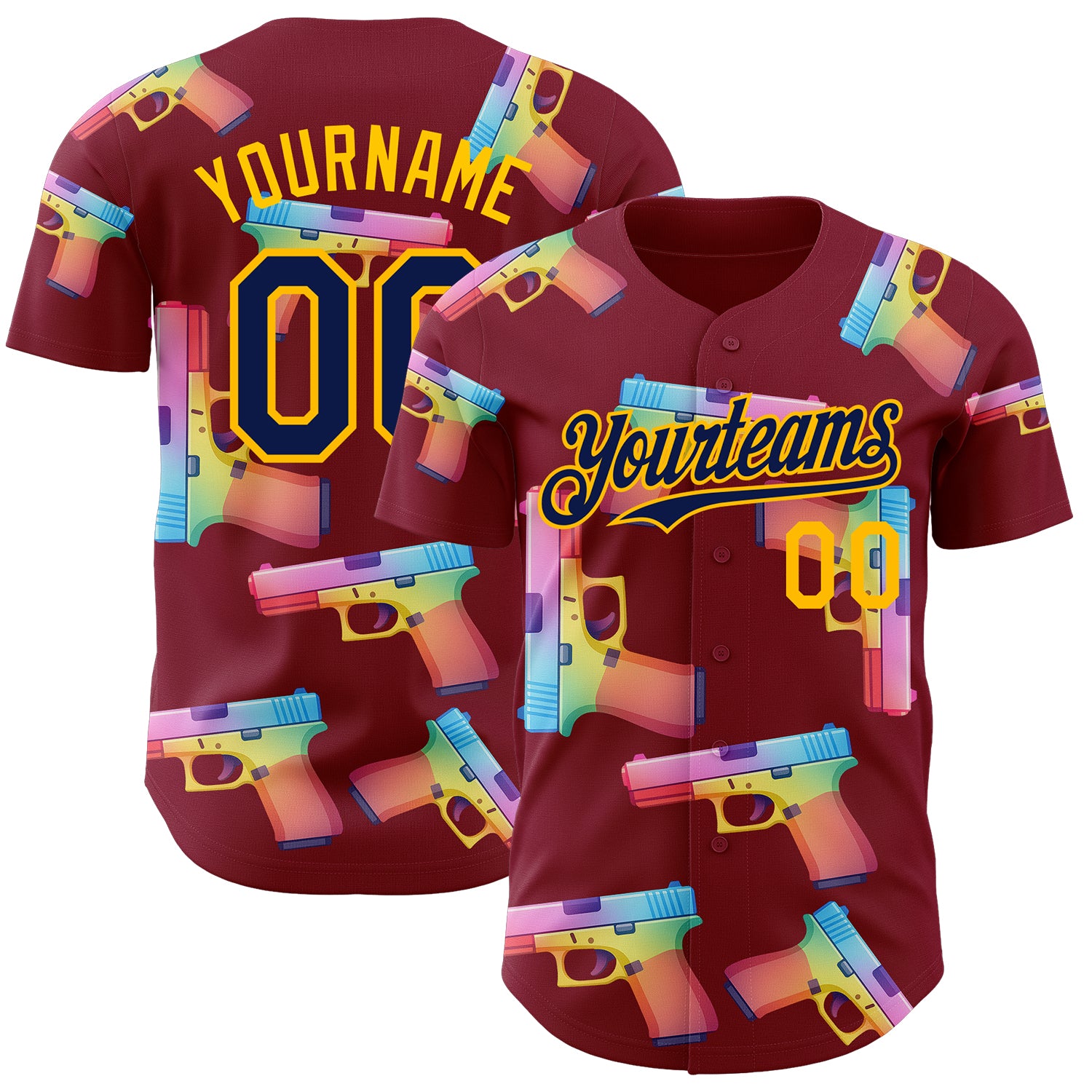 Custom Crimson Navy-Gold Colorful Firepower 3D Pattern Design Authentic Baseball Jersey