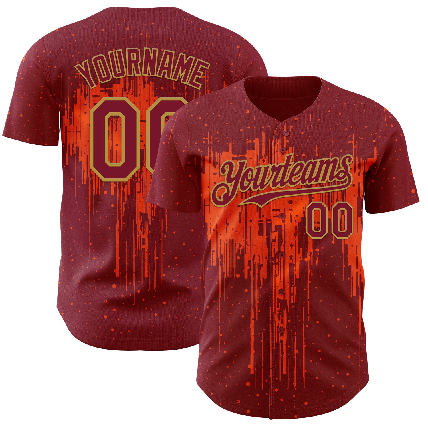 Custom Crimson Old Gold Orange 3D Pattern Design Dripping Splatter Paint Authentic Baseball Jersey