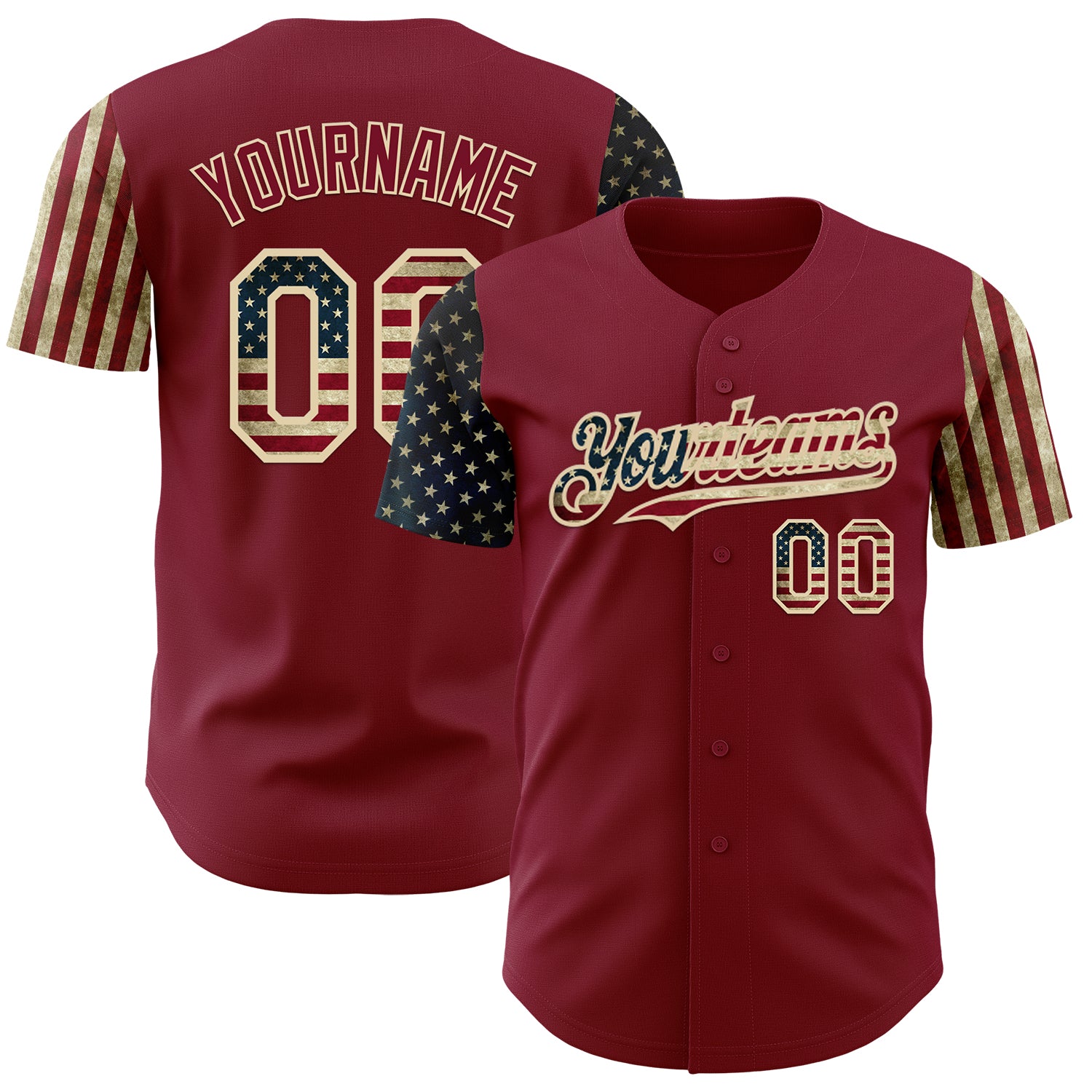 Custom Crimson Vintage USA Flag-City Cream Two Tone USA Flag Sleeves Stars and Stripes Authentic Baseball Jersey