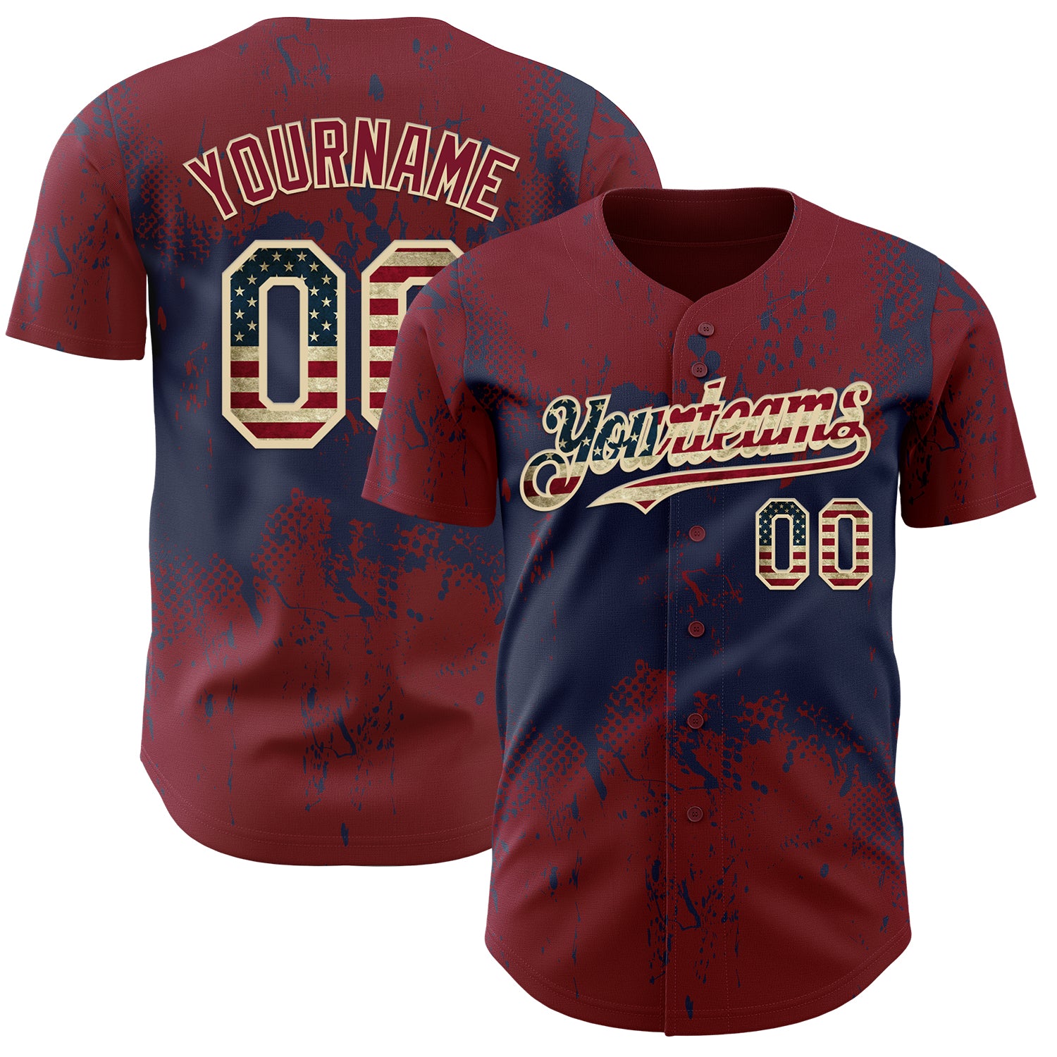 Custom Crimson Vintage USA Flag Navy-Cream 3D Pattern Design Abstract Splatter Grunge Paint Authentic Baseball Jersey