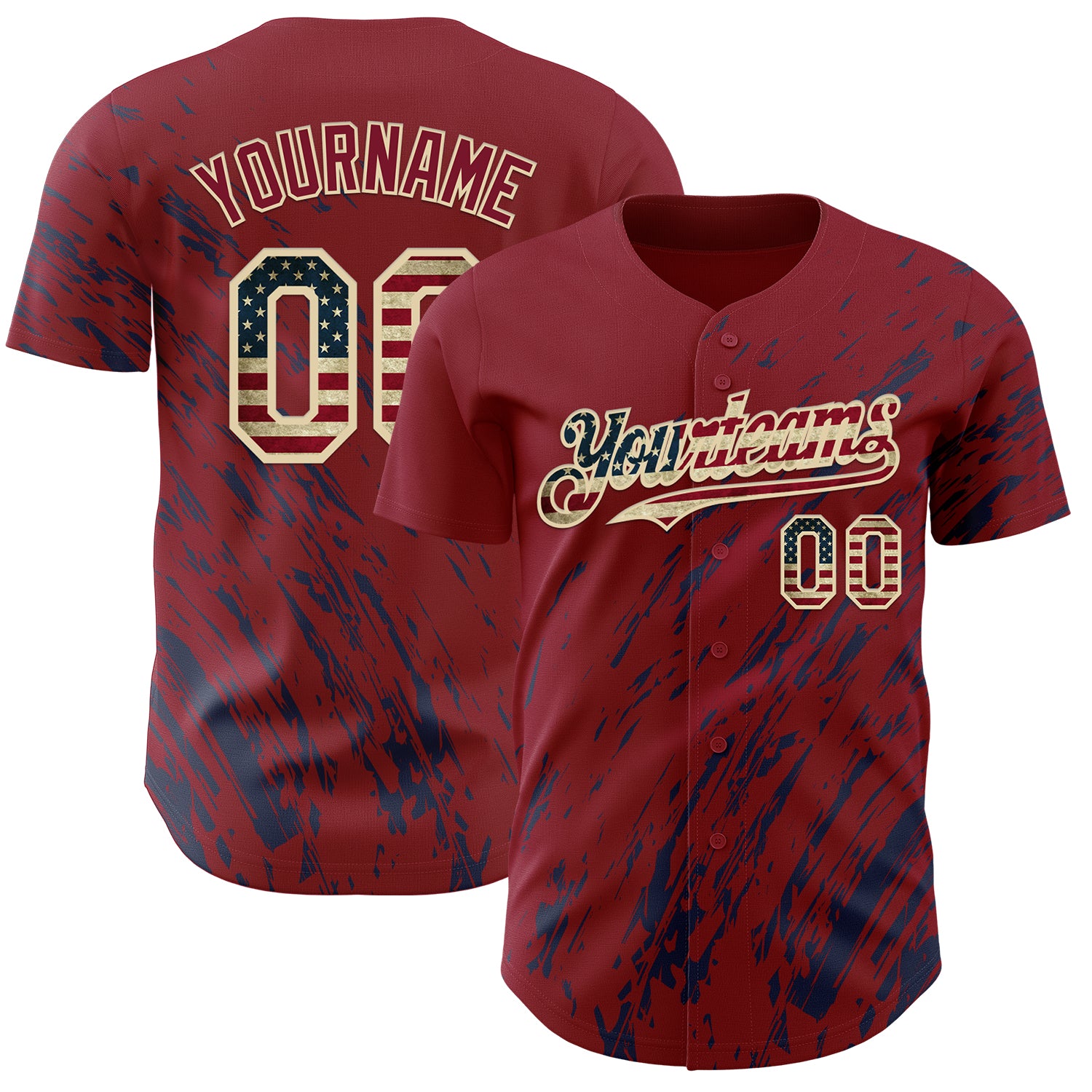 Custom Crimson Vintage USA Flag Navy-Cream 3D Pattern Design Paint Stroke Grunge Streak Authentic Baseball Jersey