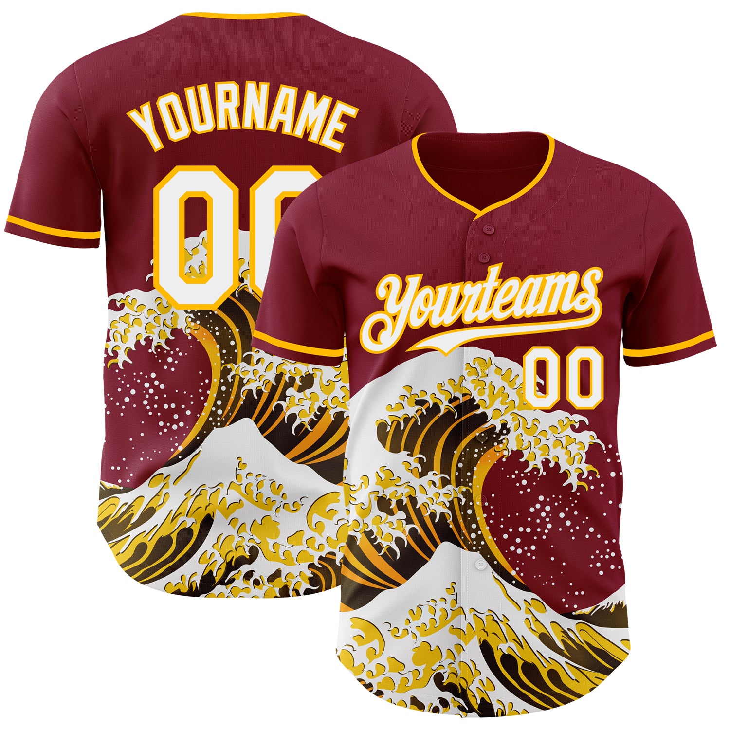 Custom Crimson White-Gold Japanese Wave 3D Pattern Design Authentic Baseball Jersey