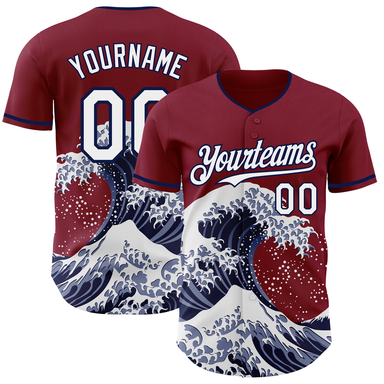 Custom Crimson White-Navy Japanese Wave 3D Pattern Design Authentic Baseball Jersey