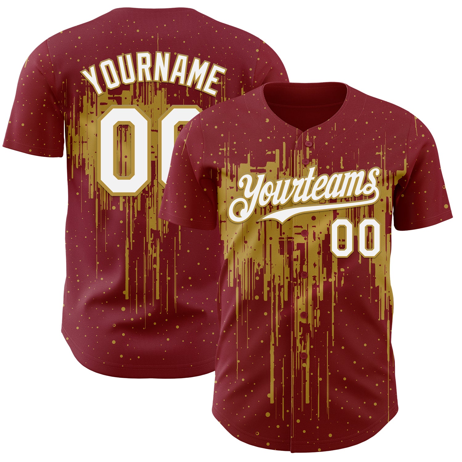 Custom Crimson White-Old Gold 3D Pattern Design Dripping Splatter Paint Authentic Baseball Jersey