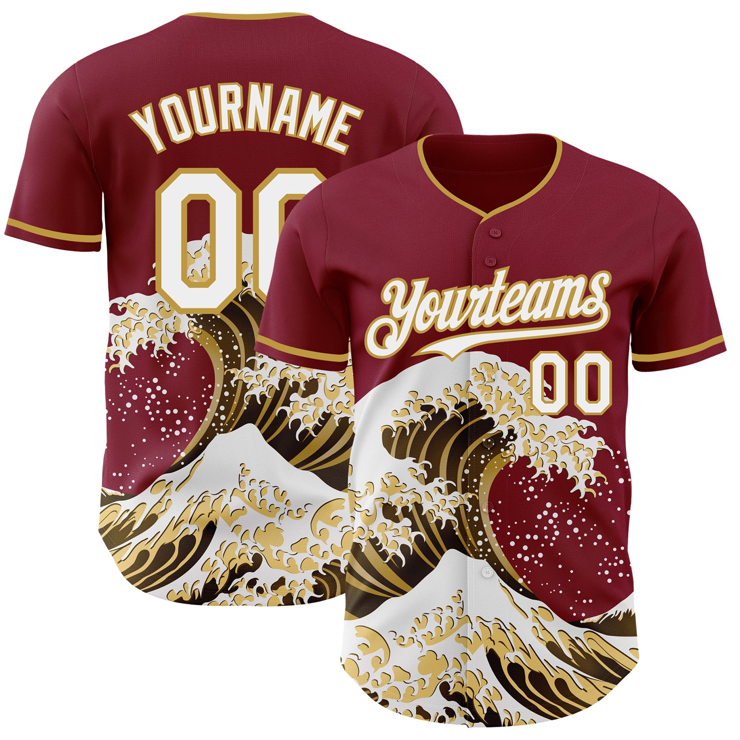 Custom Crimson White-Old Gold Japanese Wave 3D Pattern Design Authentic Baseball Jersey