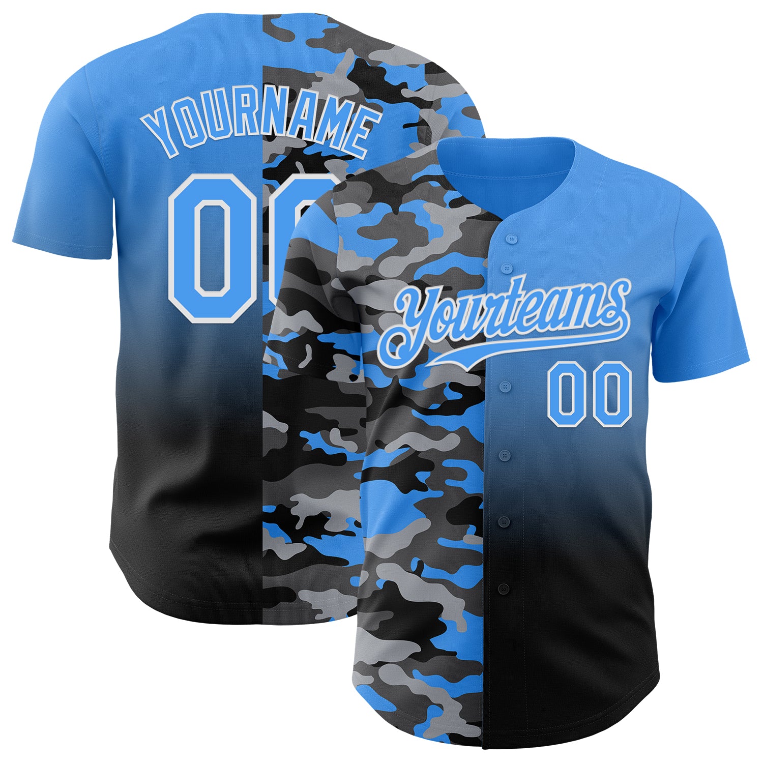 Custom Electric Blue Black-White Half Camo Ombre Authentic Baseball Jersey