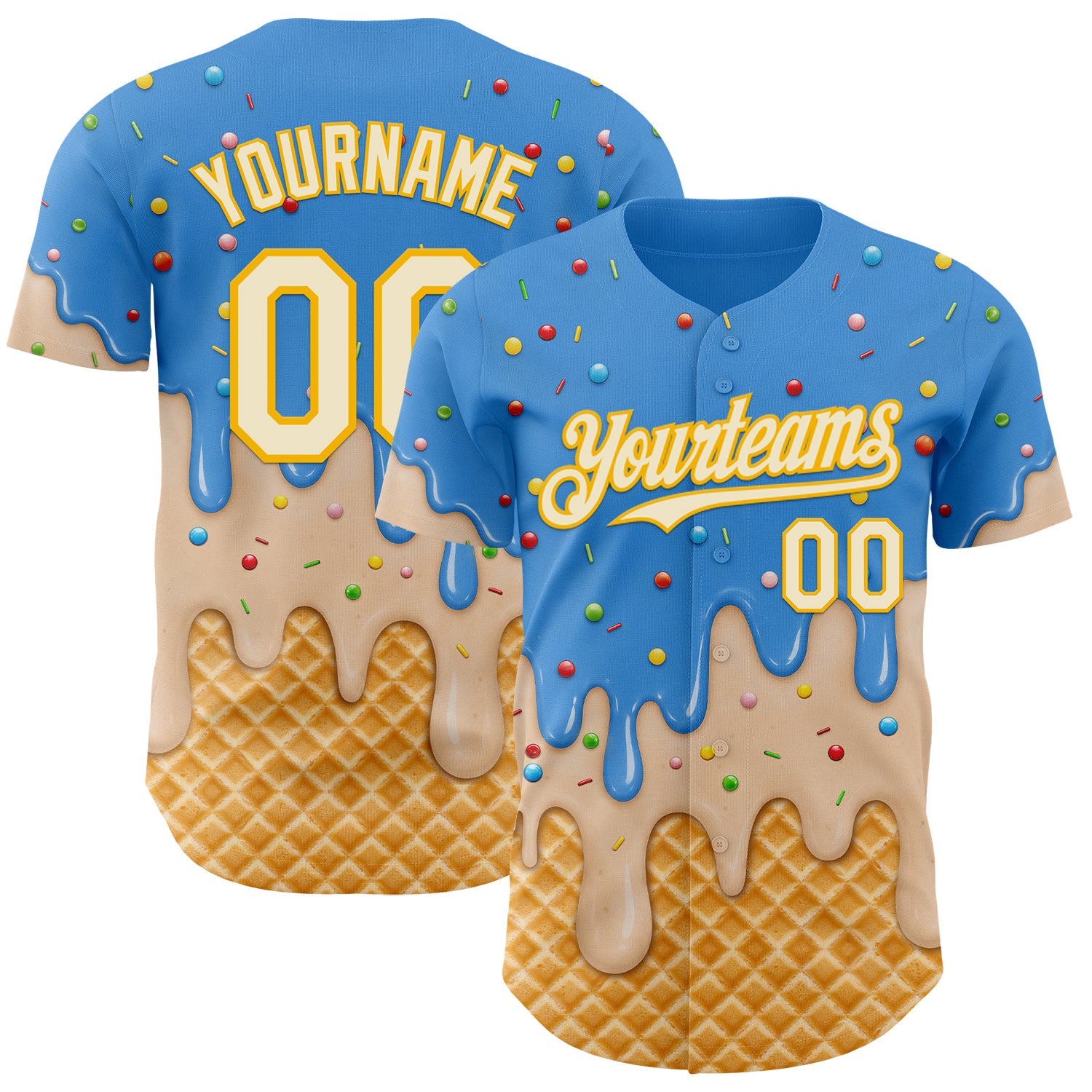 Custom Electric Blue Cream-Gold Ice Cream Waffle Foodie Dessert Authentic Baseball Jersey