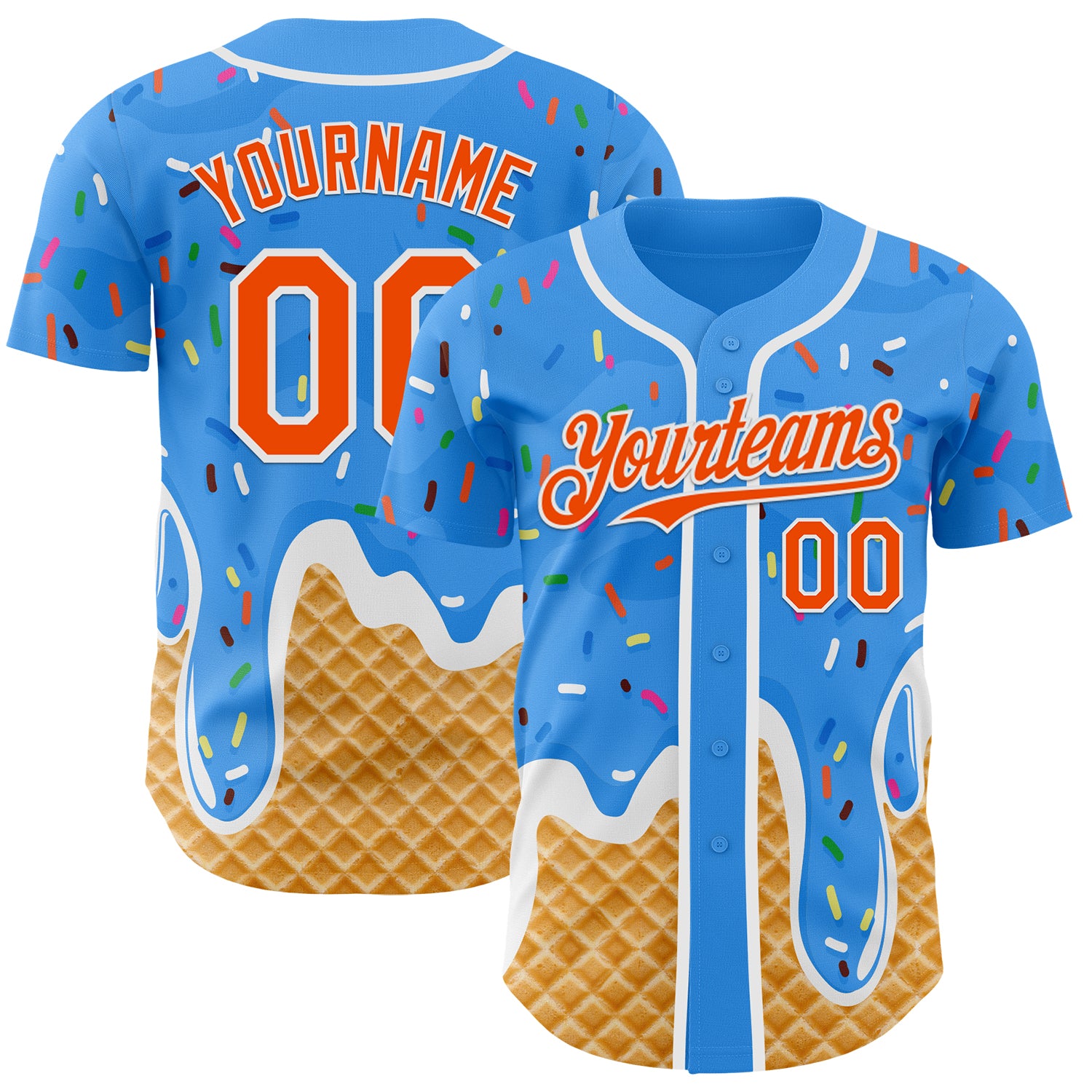 Custom Electric Blue Orange-White Ice Cream Waffle Foodie Dessert Authentic Baseball Jersey