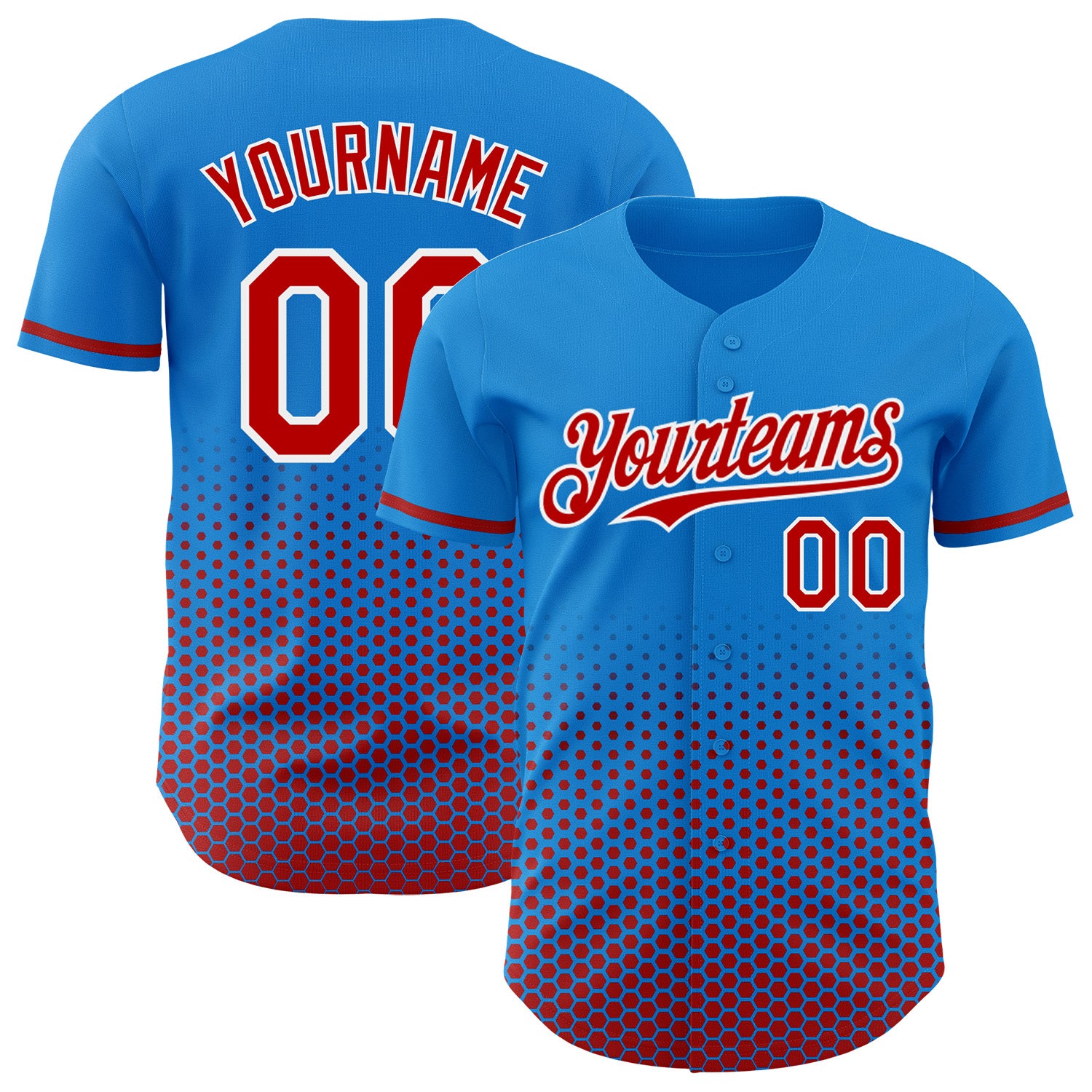 Custom Electric Blue Red-White Geometric Hexagonal Dot Gradient Authentic Baseball Jersey