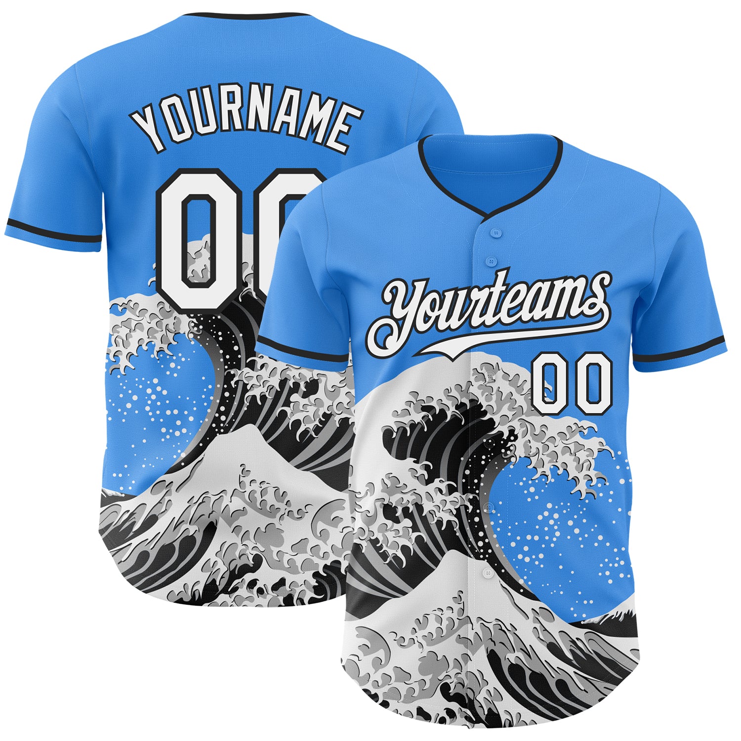 Custom Electric Blue White-Black Japanese Wave 3D Pattern Design Authentic Baseball Jersey