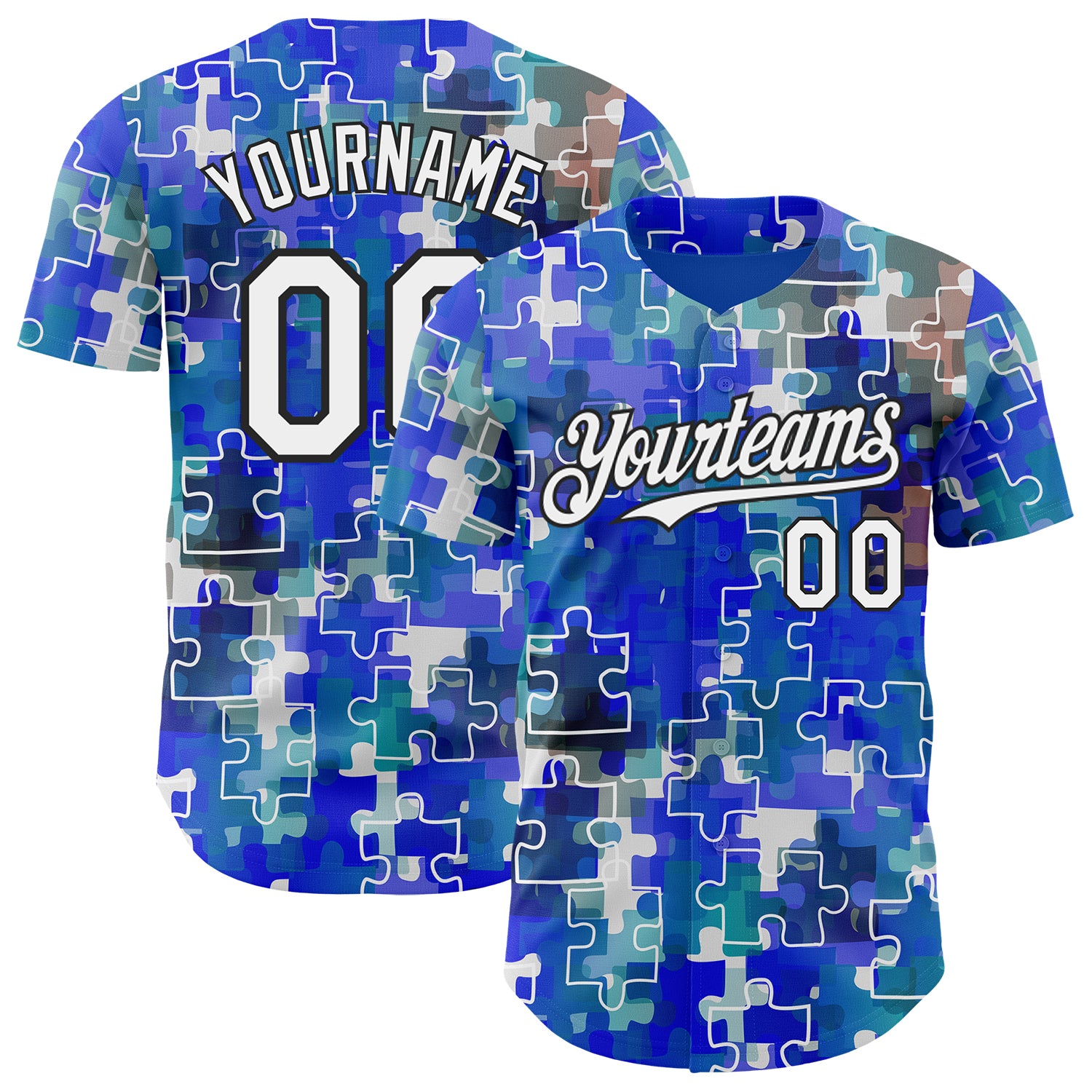 Custom Electric Blue White-Black Puzzle 3D Pattern Design Authentic Baseball Jersey
