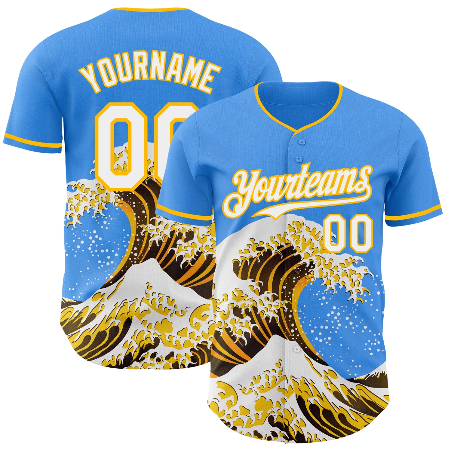 Custom Electric Blue White-Gold Japanese Wave 3D Pattern Design Authentic Baseball Jersey