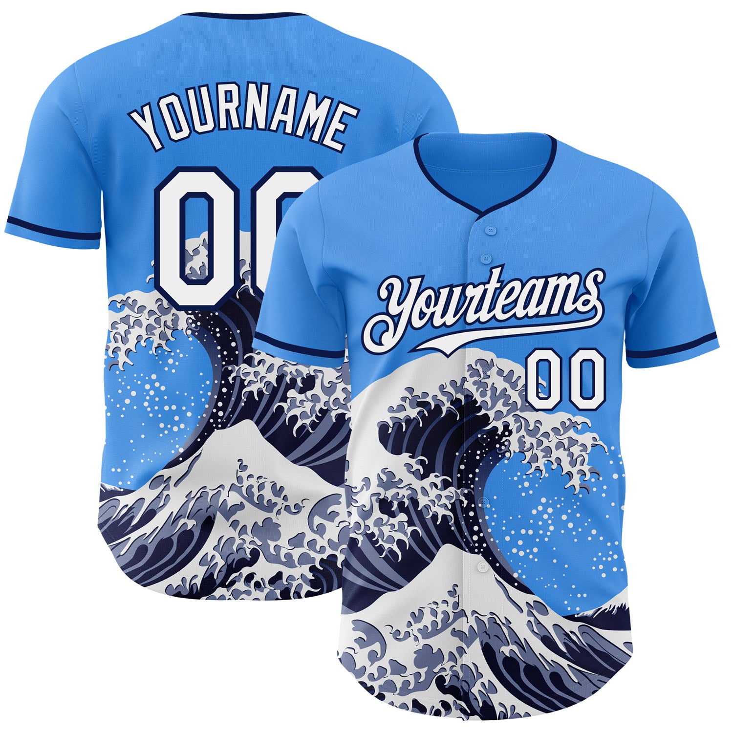 Custom Electric Blue White-Navy Japanese Wave 3D Pattern Design Authentic Baseball Jersey