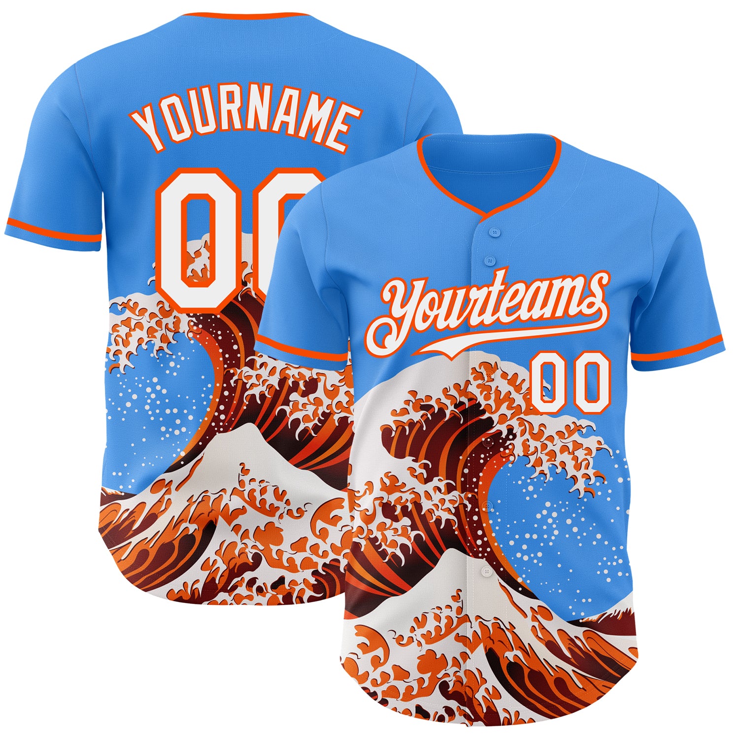 Custom Electric Blue White-Orange Japanese Wave 3D Pattern Design Authentic Baseball Jersey