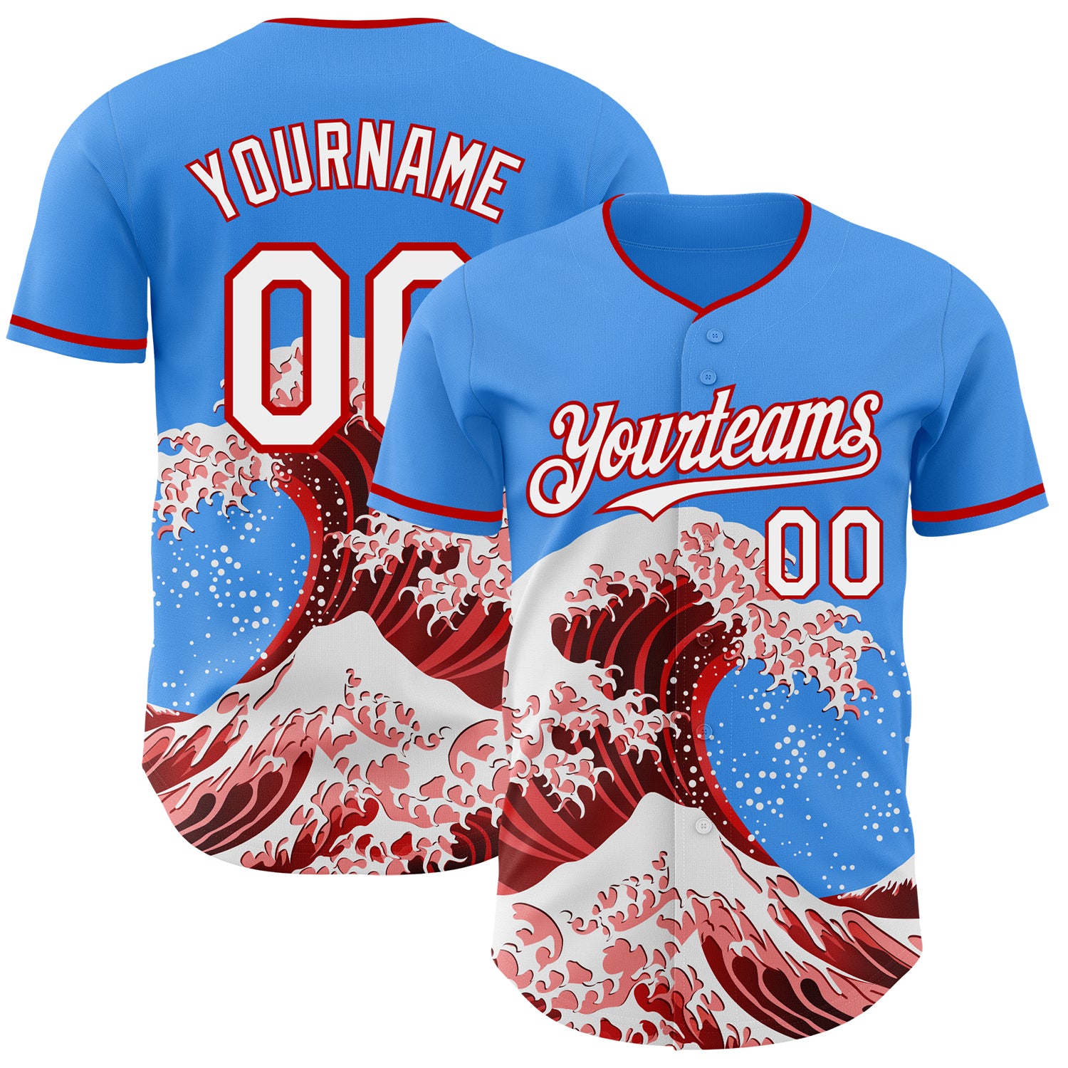 Custom Electric Blue White-Red Japanese Wave 3D Pattern Design Authentic Baseball Jersey
