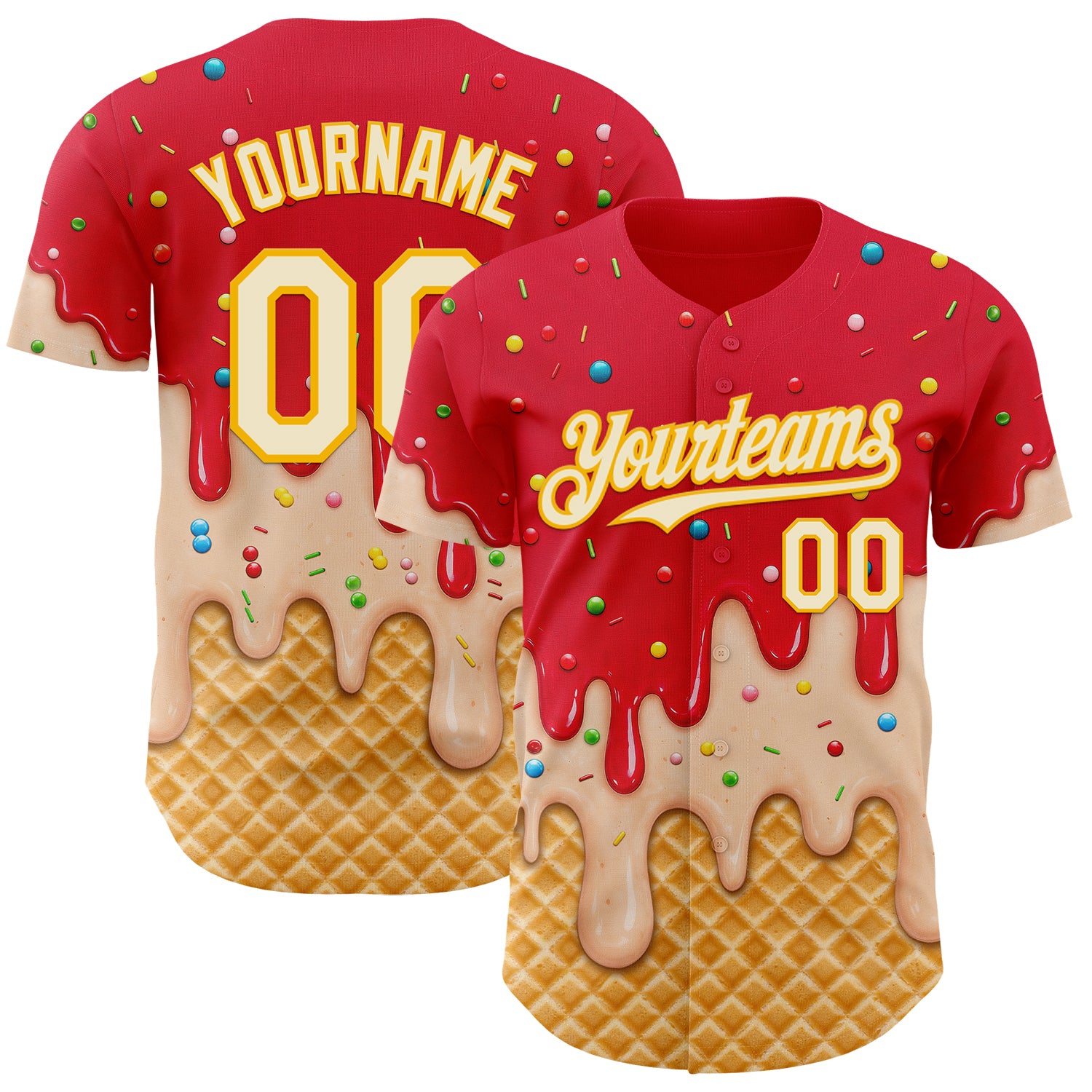 Custom Fire Red Cream-Gold Ice Cream Waffle Foodie Dessert Authentic Baseball Jersey