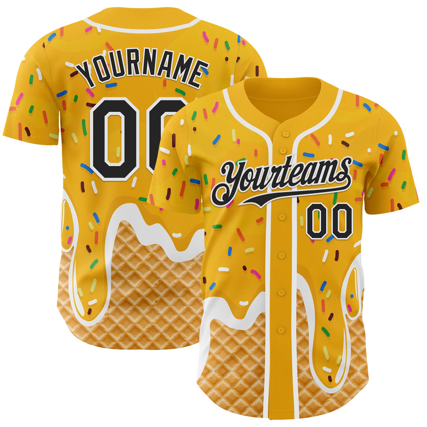 Custom Gold Black-White Ice Cream Waffle Foodie Dessert Authentic Baseball Jersey