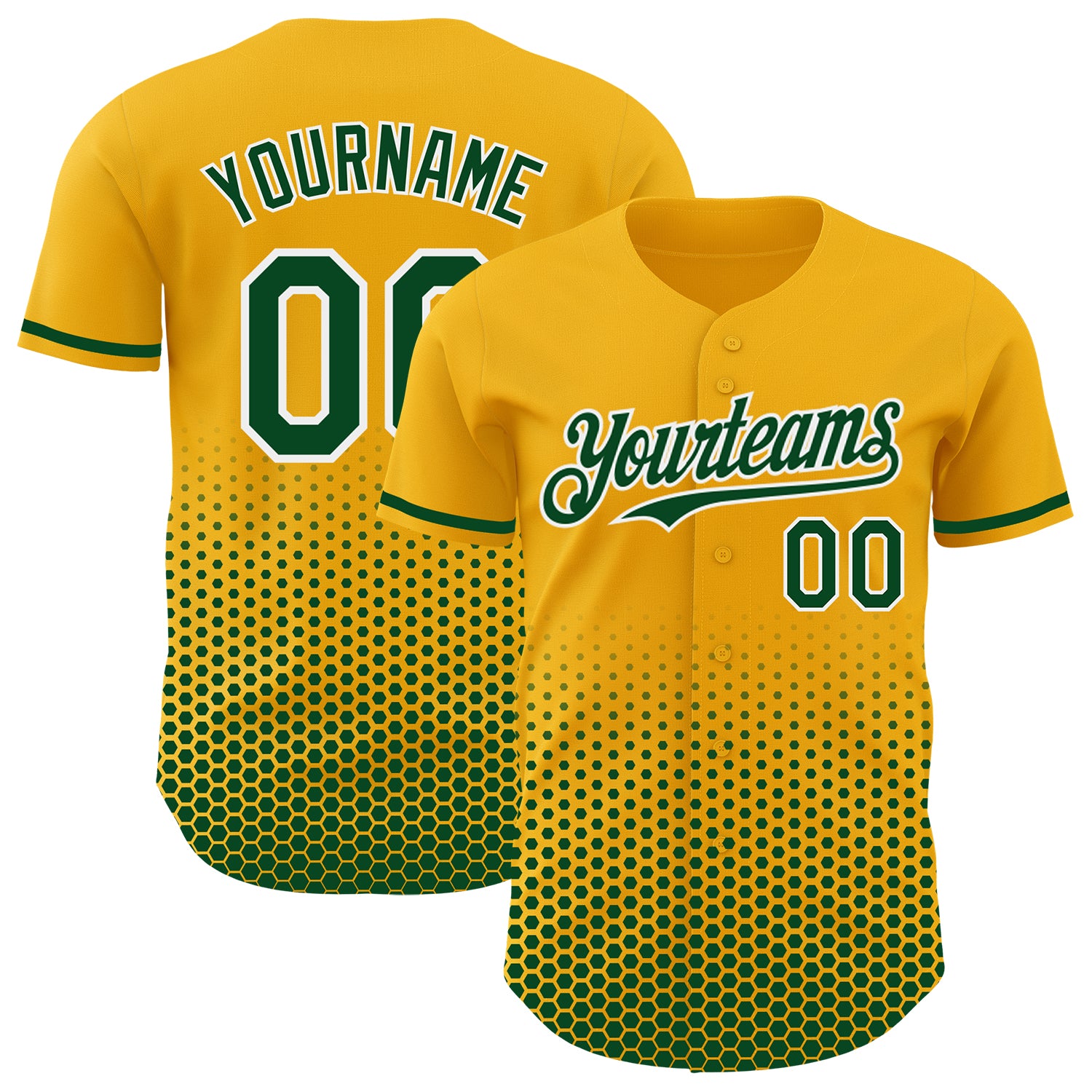 Custom Gold Green-White Geometric Hexagonal Dot Gradient Authentic Baseball Jersey