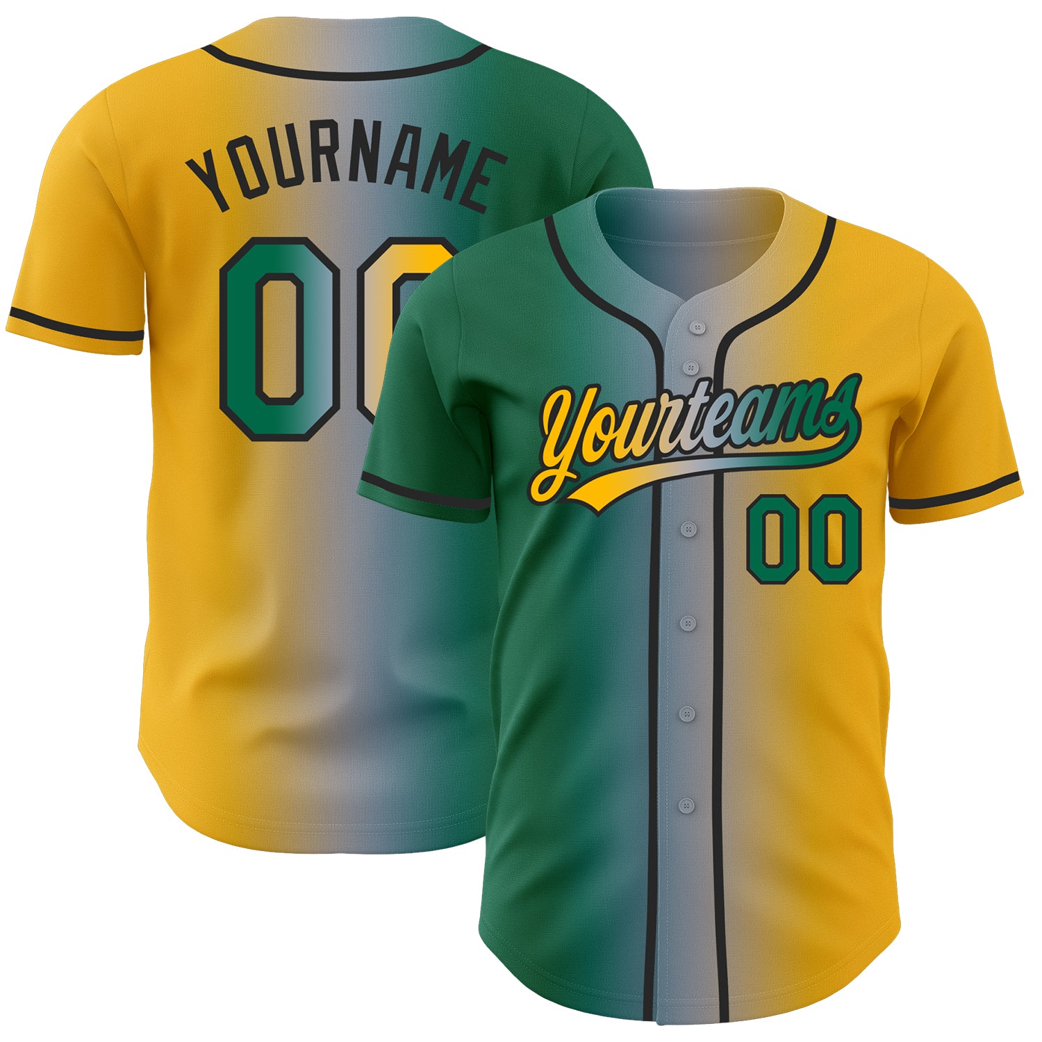 Custom Gold Kelly Green Gray-Black Authentic Gradient Fashion Baseball Jersey