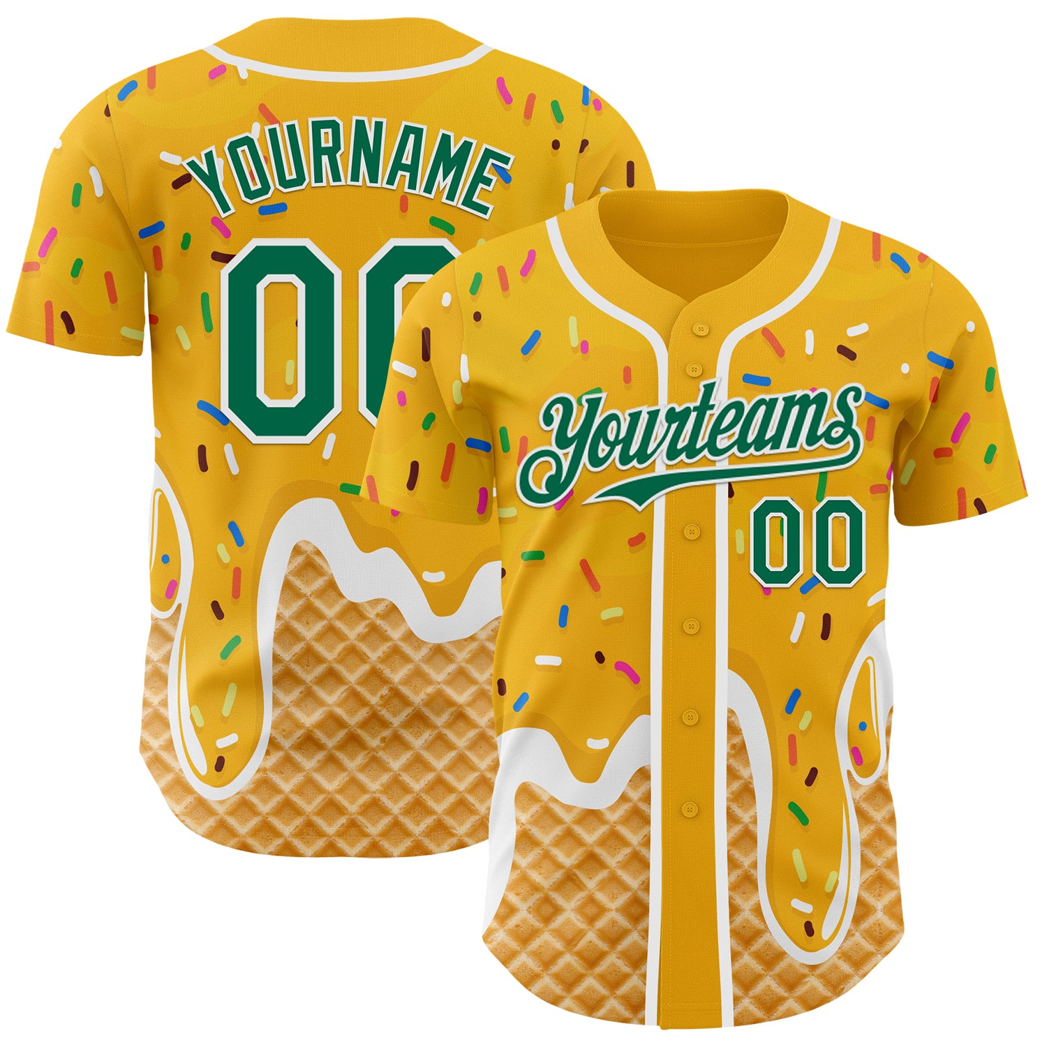 Custom Gold Kelly Green-White Ice Cream Waffle Foodie Dessert Authentic Baseball Jersey