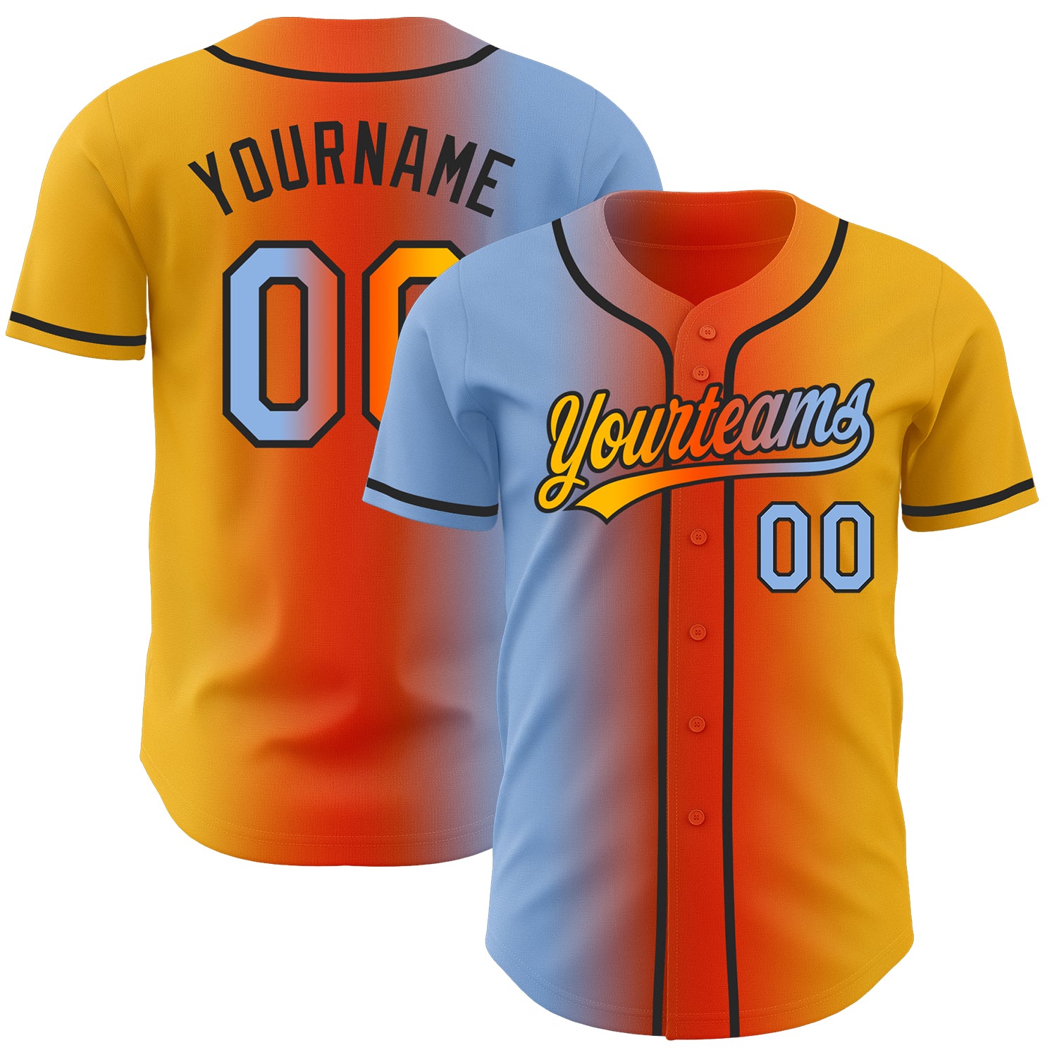 Custom Gold Light Blue Orange-Black Authentic Gradient Fashion Baseball Jersey