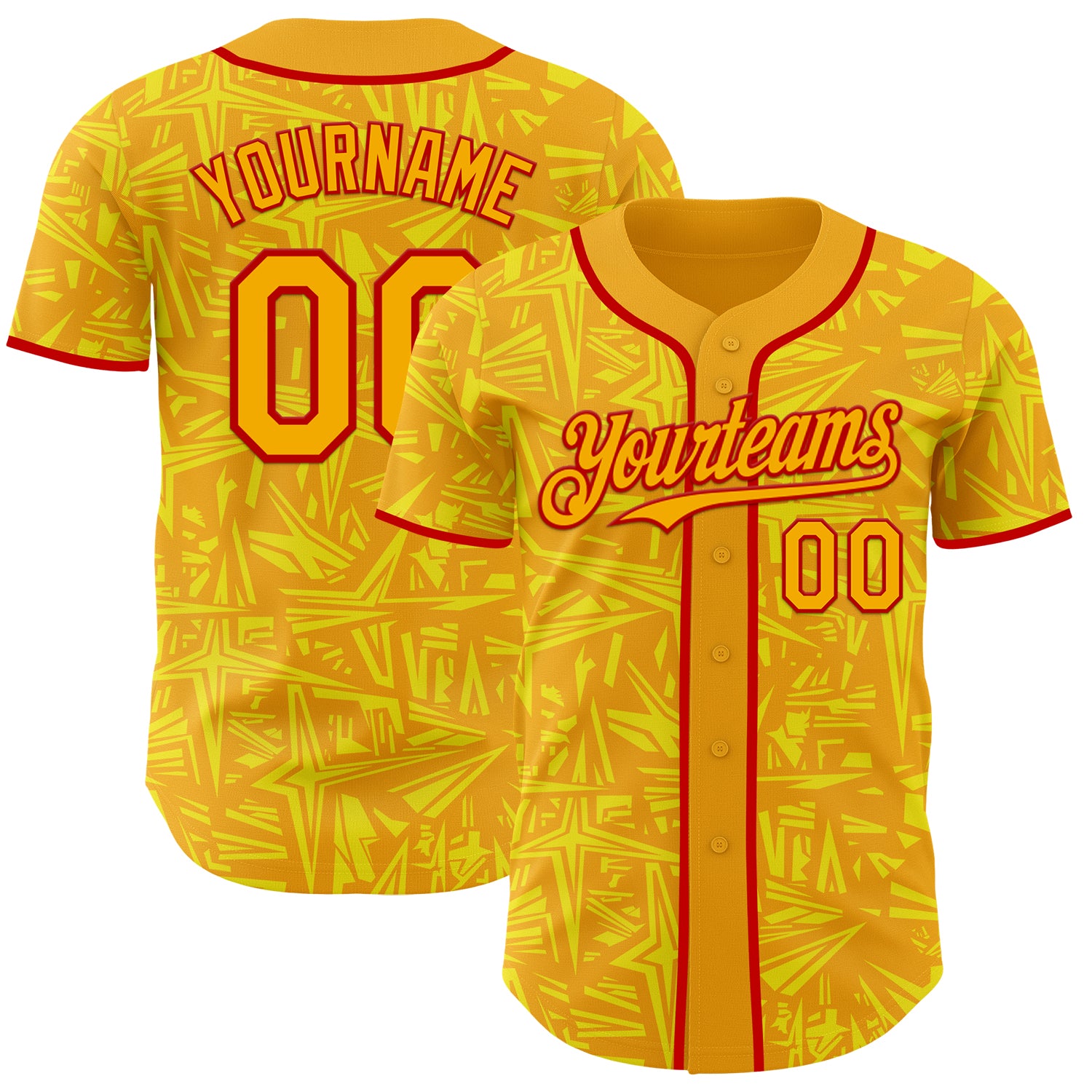 Custom Gold Light Yellow-Red Geometric Cyber Starburst Authentic Baseball Jersey