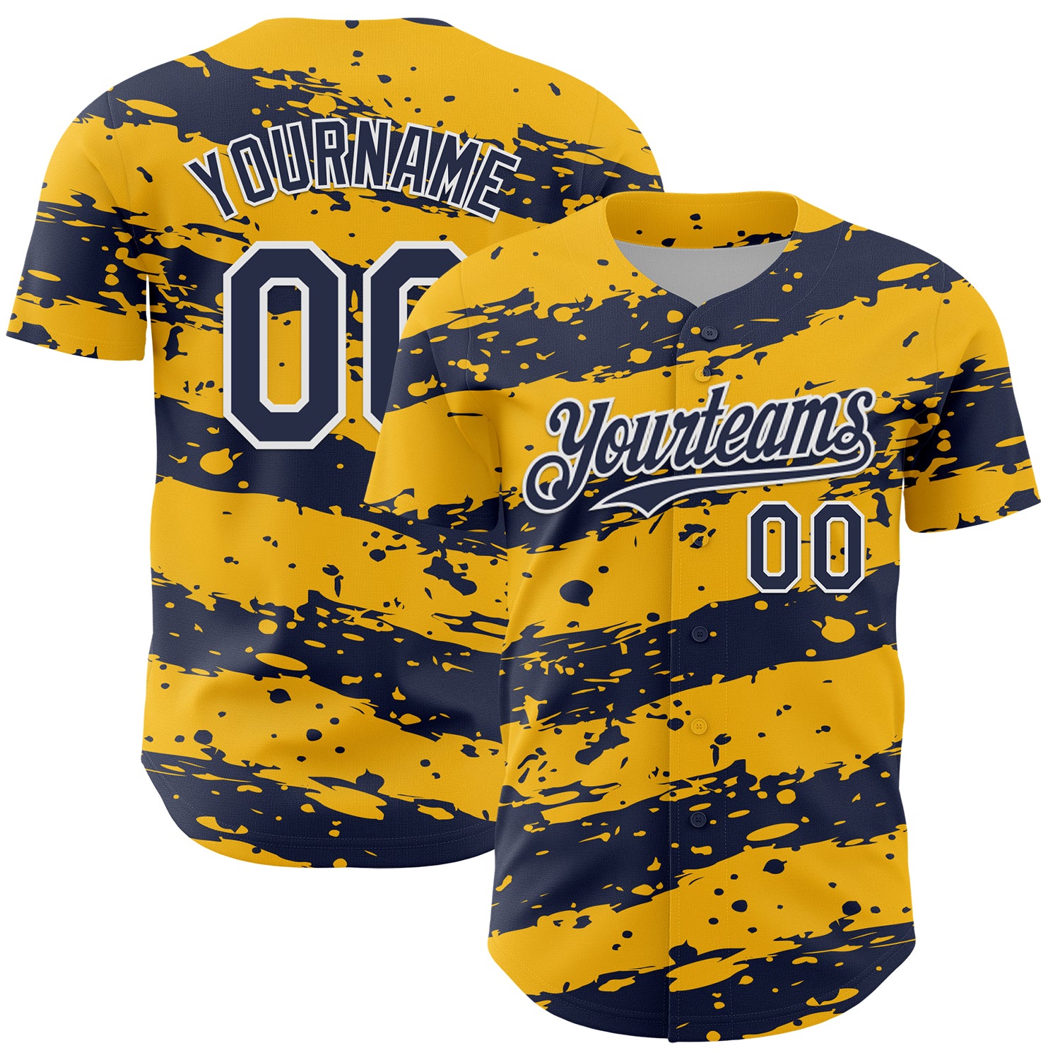 Custom Gold Navy-White 3D Pattern Design Paint Splash Stripe Authentic Baseball Jersey