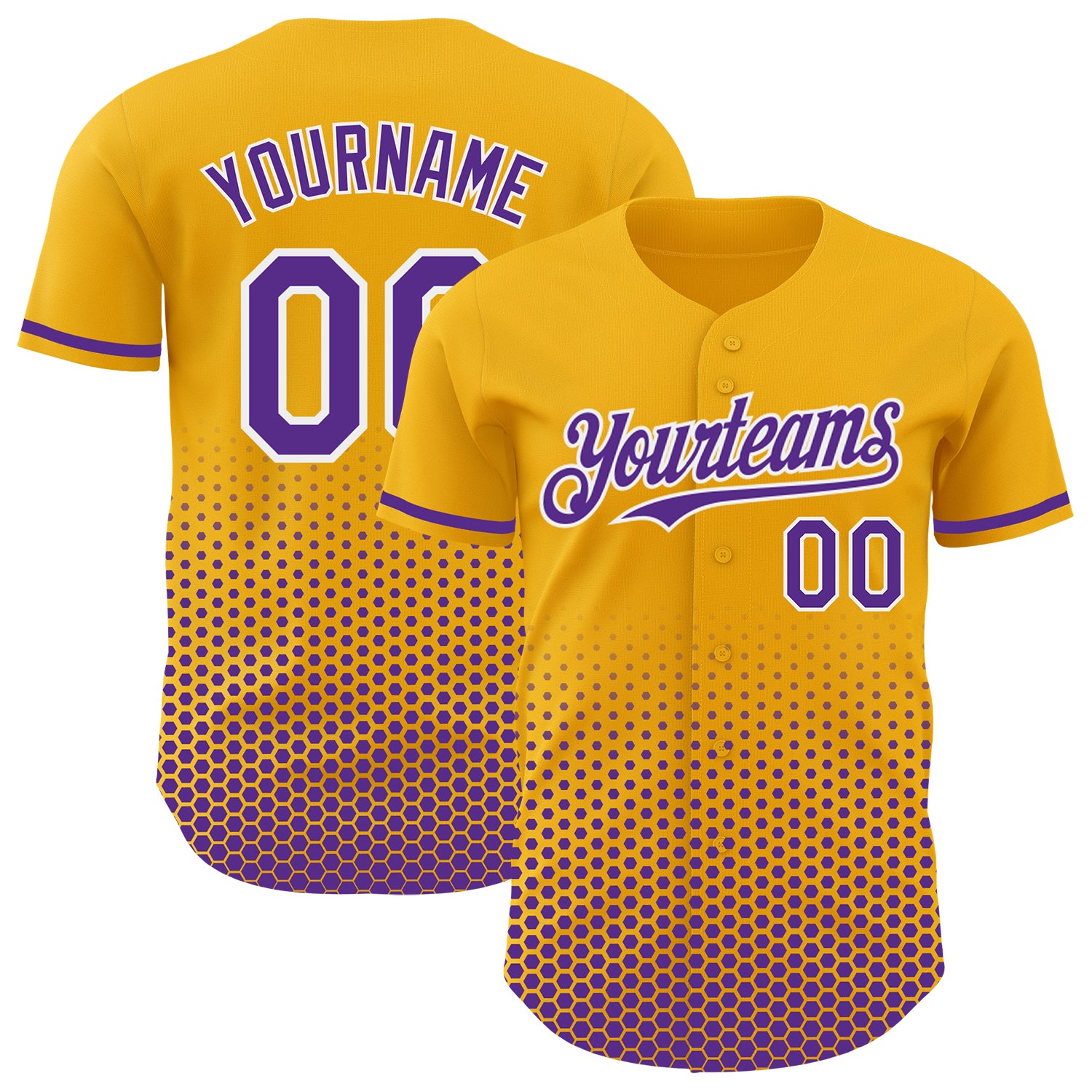 Custom Gold Purple-White Geometric Hexagonal Dot Gradient Authentic Baseball Jersey
