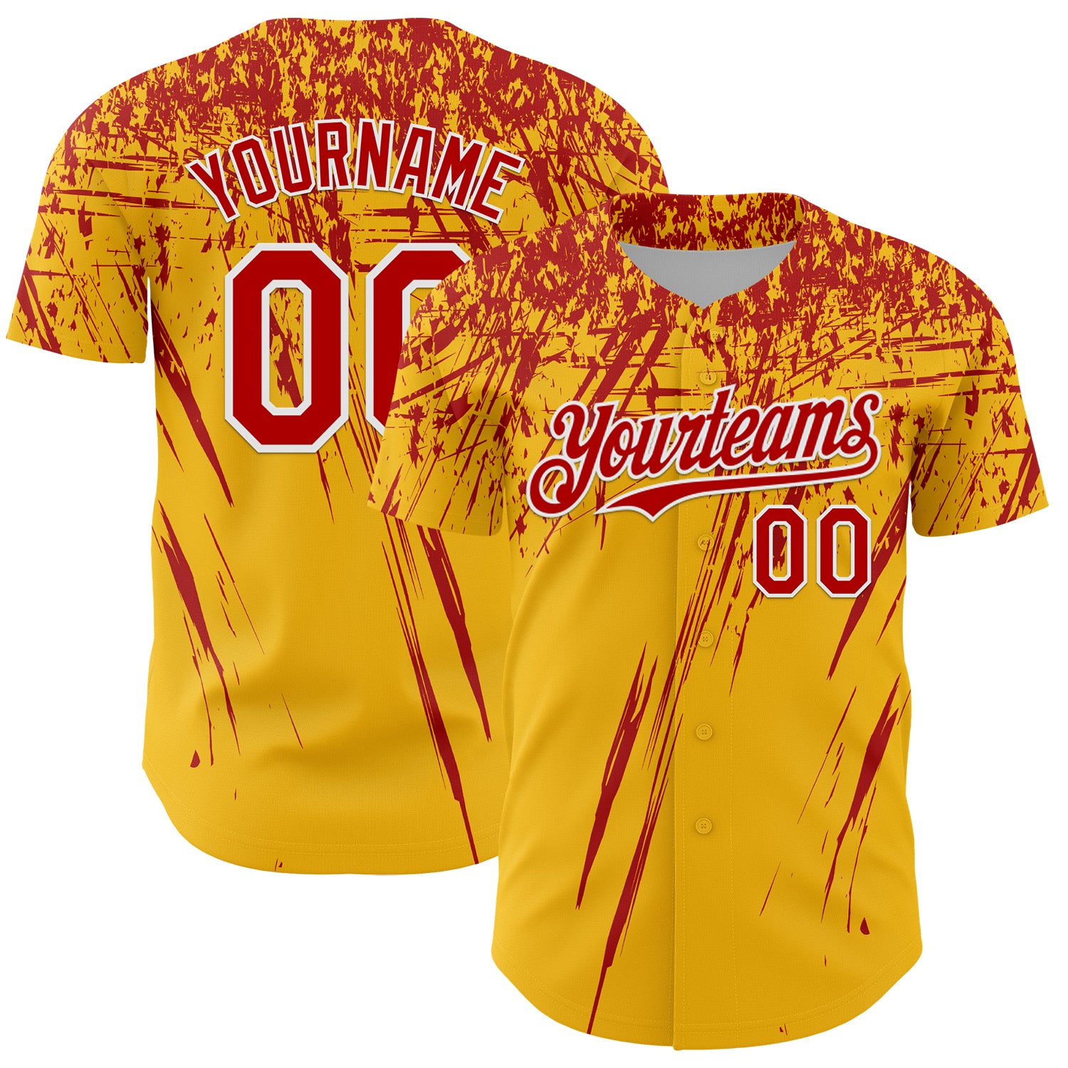 Custom Gold Red-White Distressed Scratch Brush Stroke Authentic Baseball Jersey