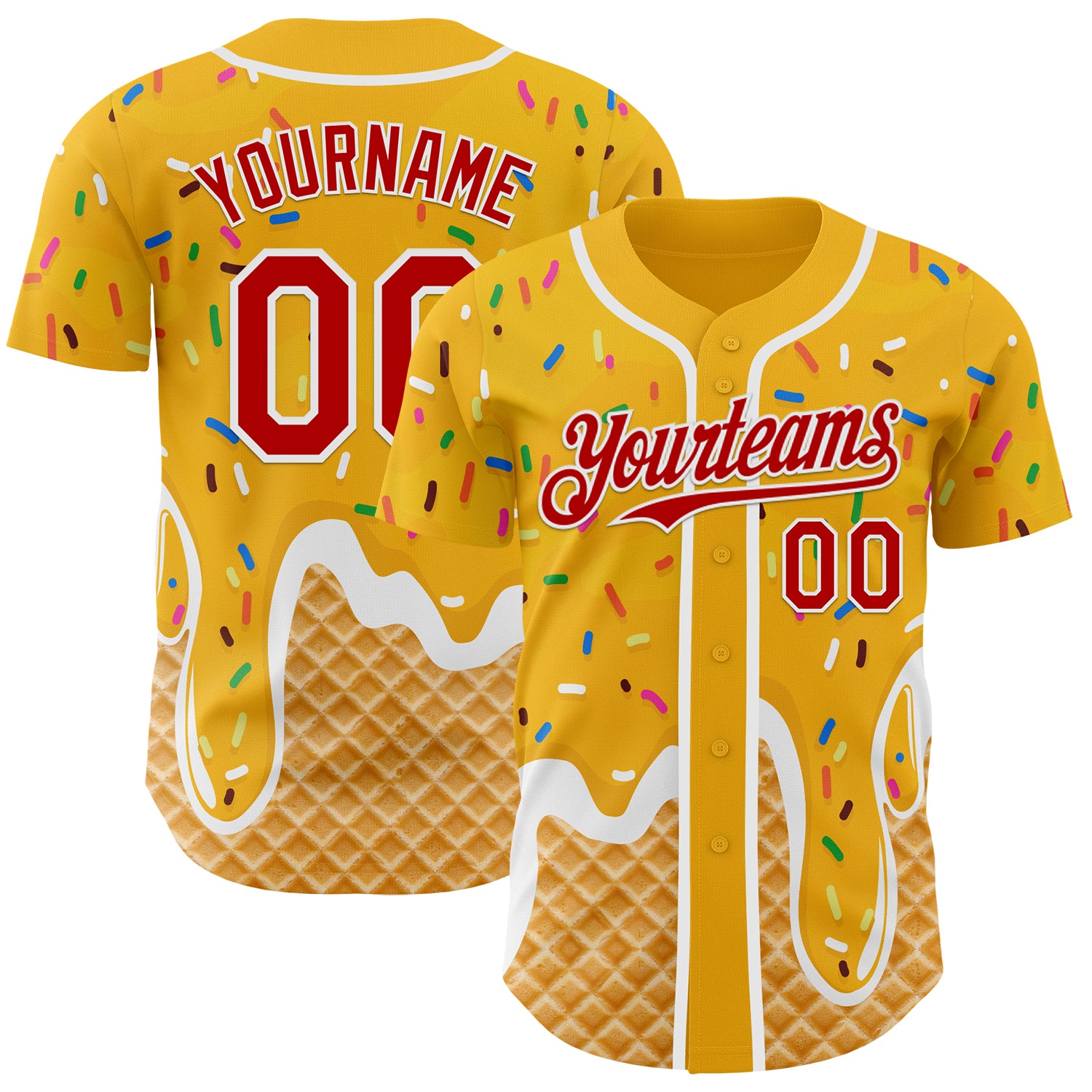 Custom Gold Red-White Ice Cream Waffle Foodie Dessert Authentic Baseball Jersey