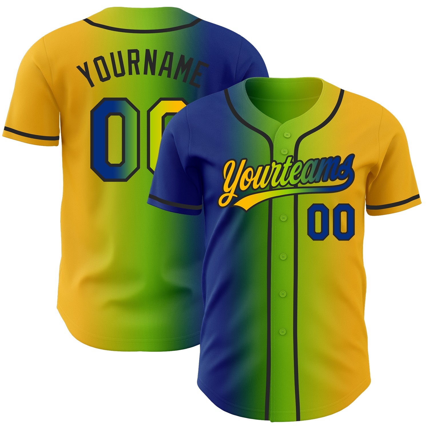 Custom Gold Royal Neon Green-Black Authentic Gradient Fashion Baseball Jersey
