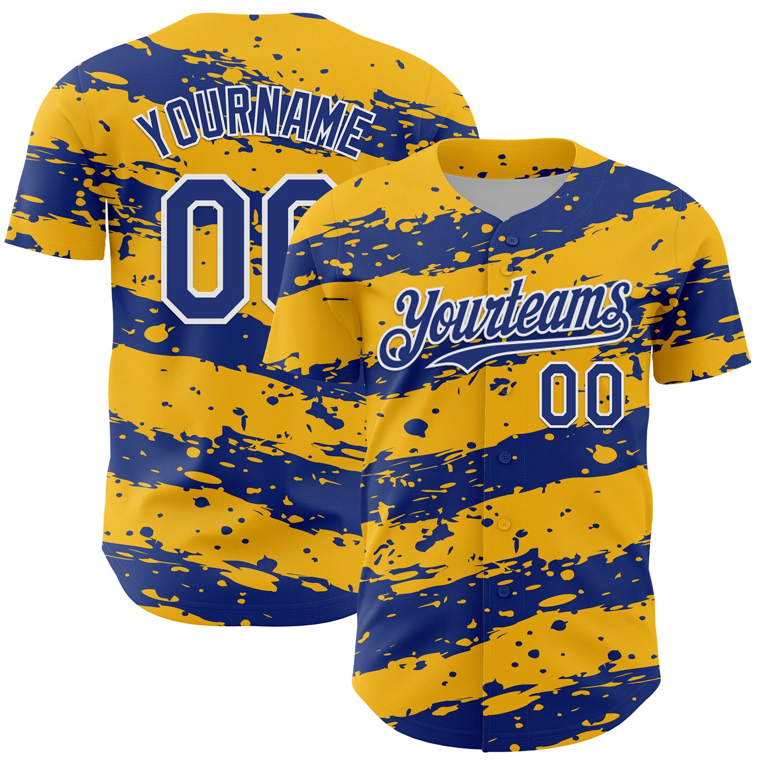 Custom Gold Royal-White 3D Pattern Design Paint Splash Stripe Authentic Baseball Jersey
