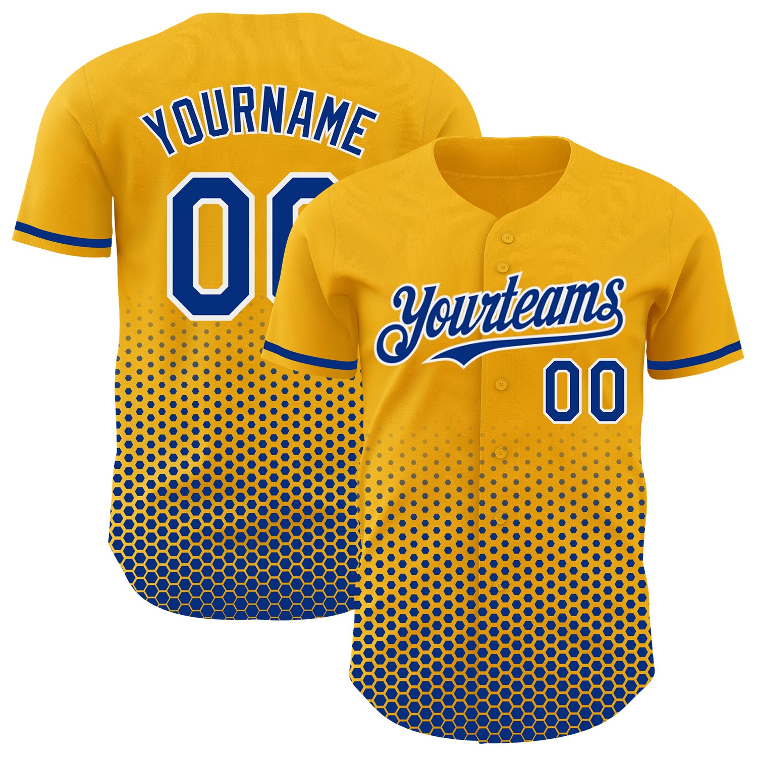 Custom Gold Royal-White Geometric Hexagonal Dot Gradient Authentic Baseball Jersey