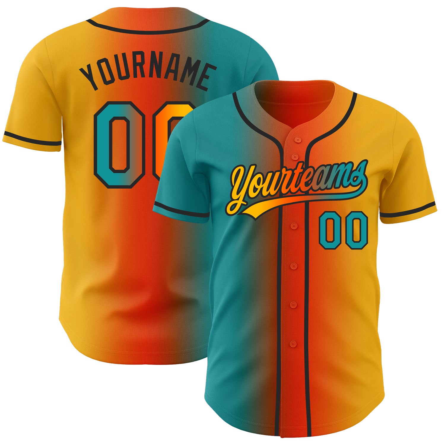 Custom Gold Teal Orange-Black Authentic Gradient Fashion Baseball Jersey
