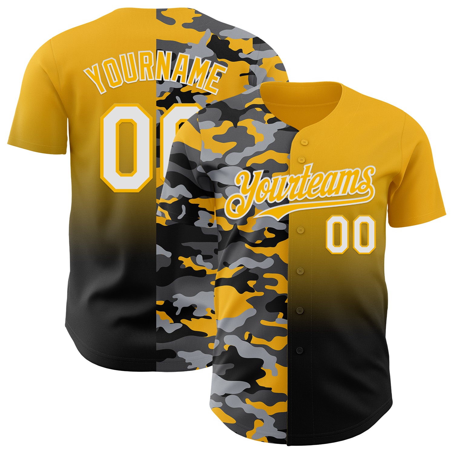 Custom Gold White-Black Half Camo Ombre Authentic Baseball Jersey