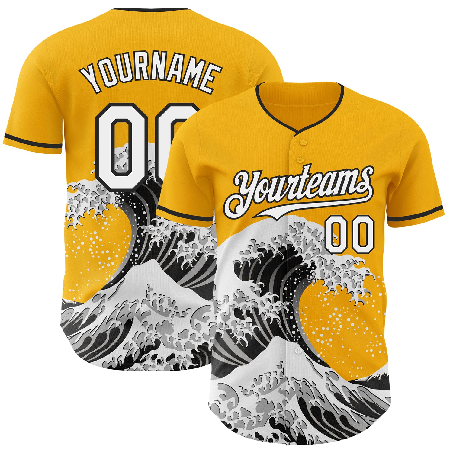Custom Gold White-Black Japanese Wave 3D Pattern Design Authentic Baseball Jersey