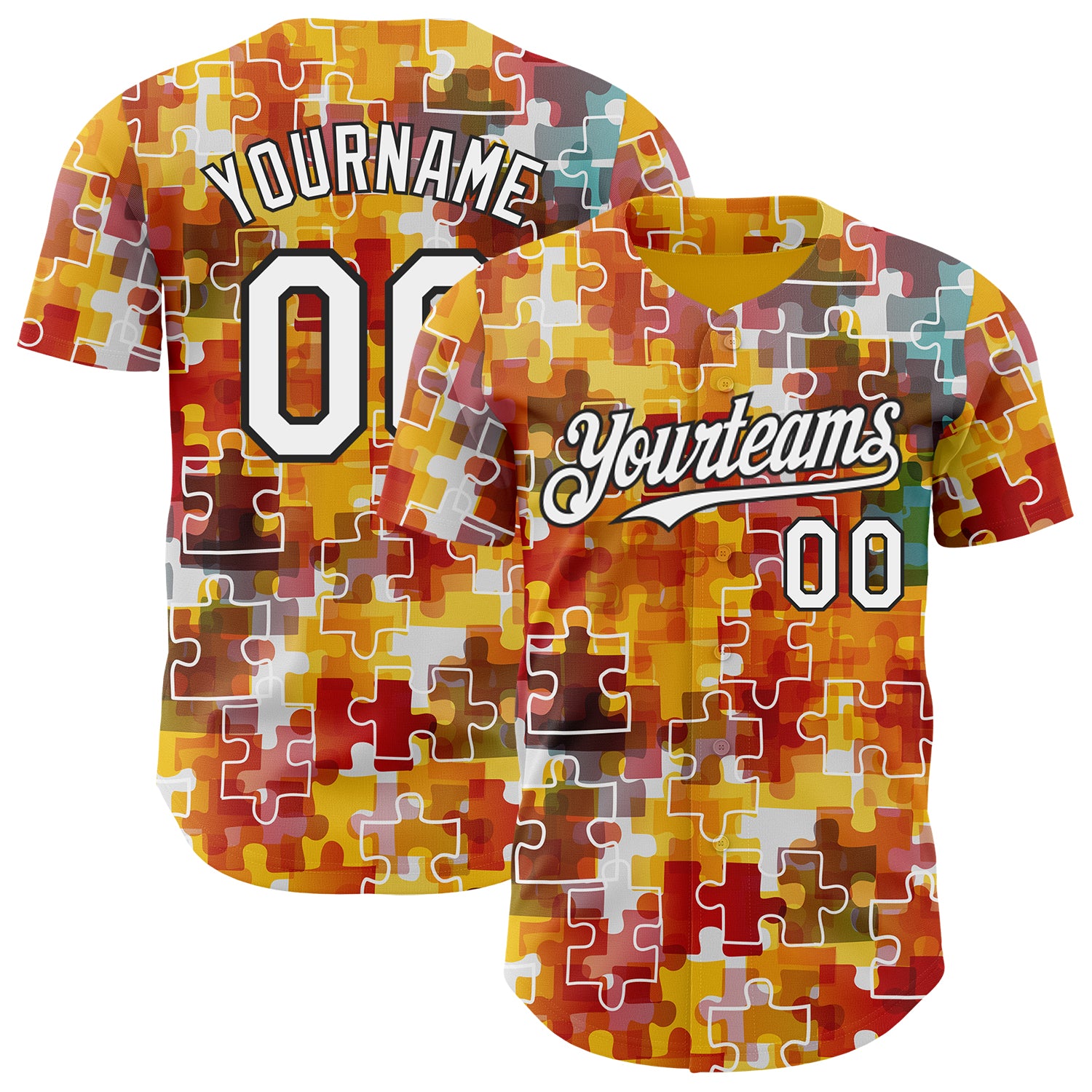 Custom Gold White-Black Puzzle 3D Pattern Design Authentic Baseball Jersey