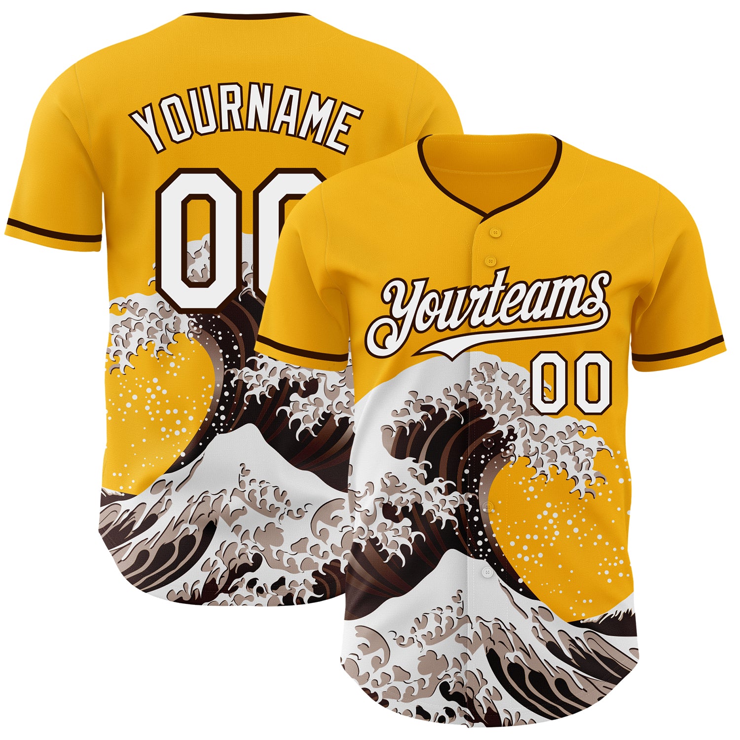 Custom Gold White-Brown Japanese Wave 3D Pattern Design Authentic Baseball Jersey
