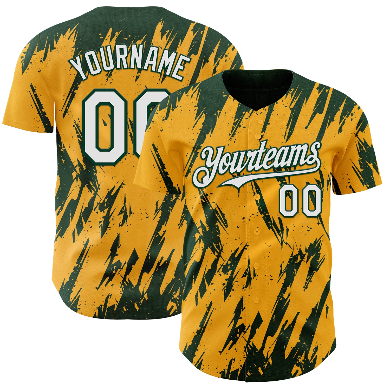 Custom Gold White-Green 3D Pattern Design Splatter Torn Sharp Brush Stroke Authentic Baseball Jersey