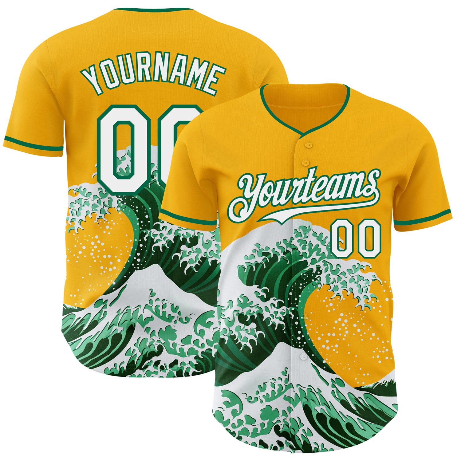 Custom Gold White-Kelly Green Japanese Wave 3D Pattern Design Authentic Baseball Jersey