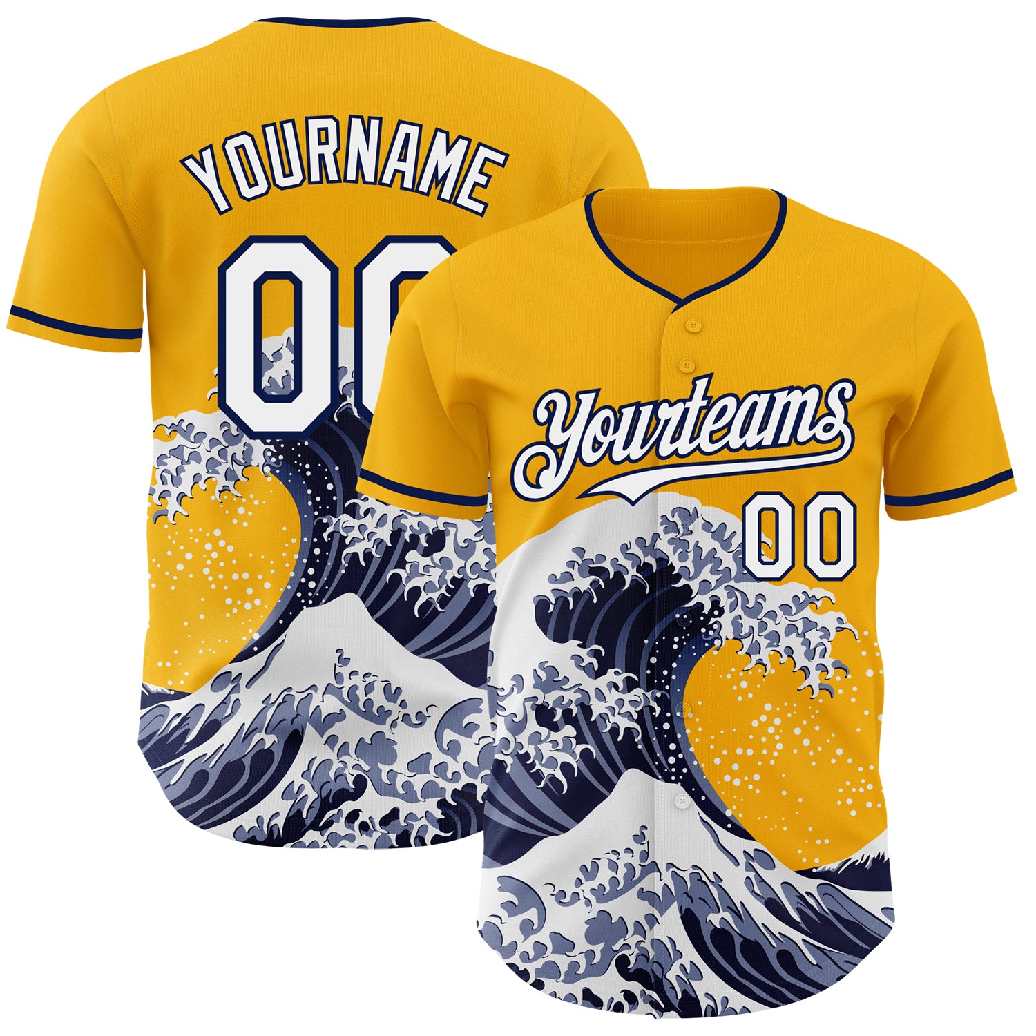 Custom Gold White-Navy Japanese Wave 3D Pattern Design Authentic Baseball Jersey