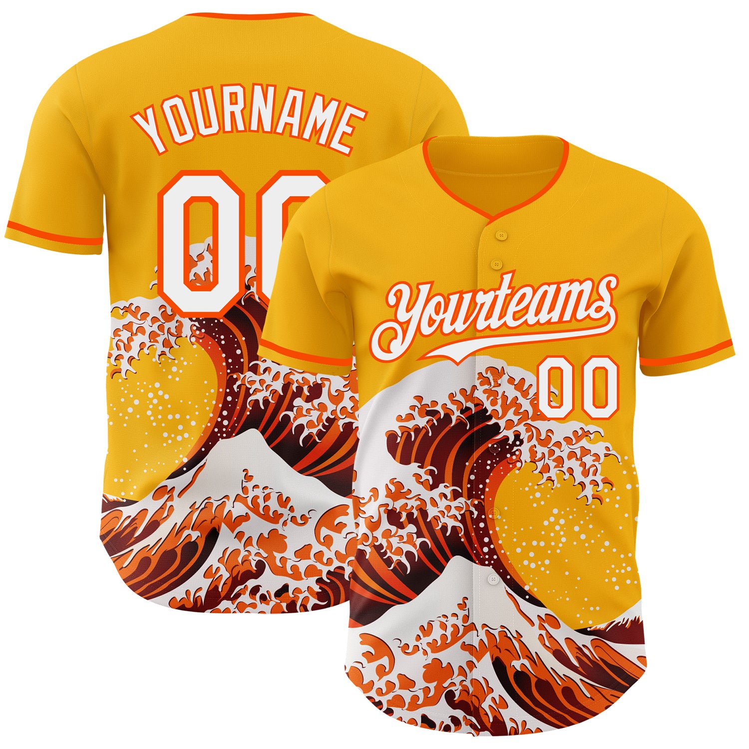Custom Gold White-Orange Japanese Wave 3D Pattern Design Authentic Baseball Jersey